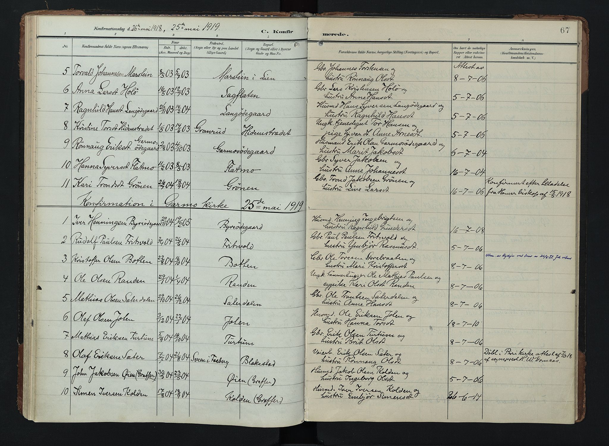 Lom prestekontor, SAH/PREST-070/K/L0011: Parish register (official) no. 11, 1904-1928, p. 67