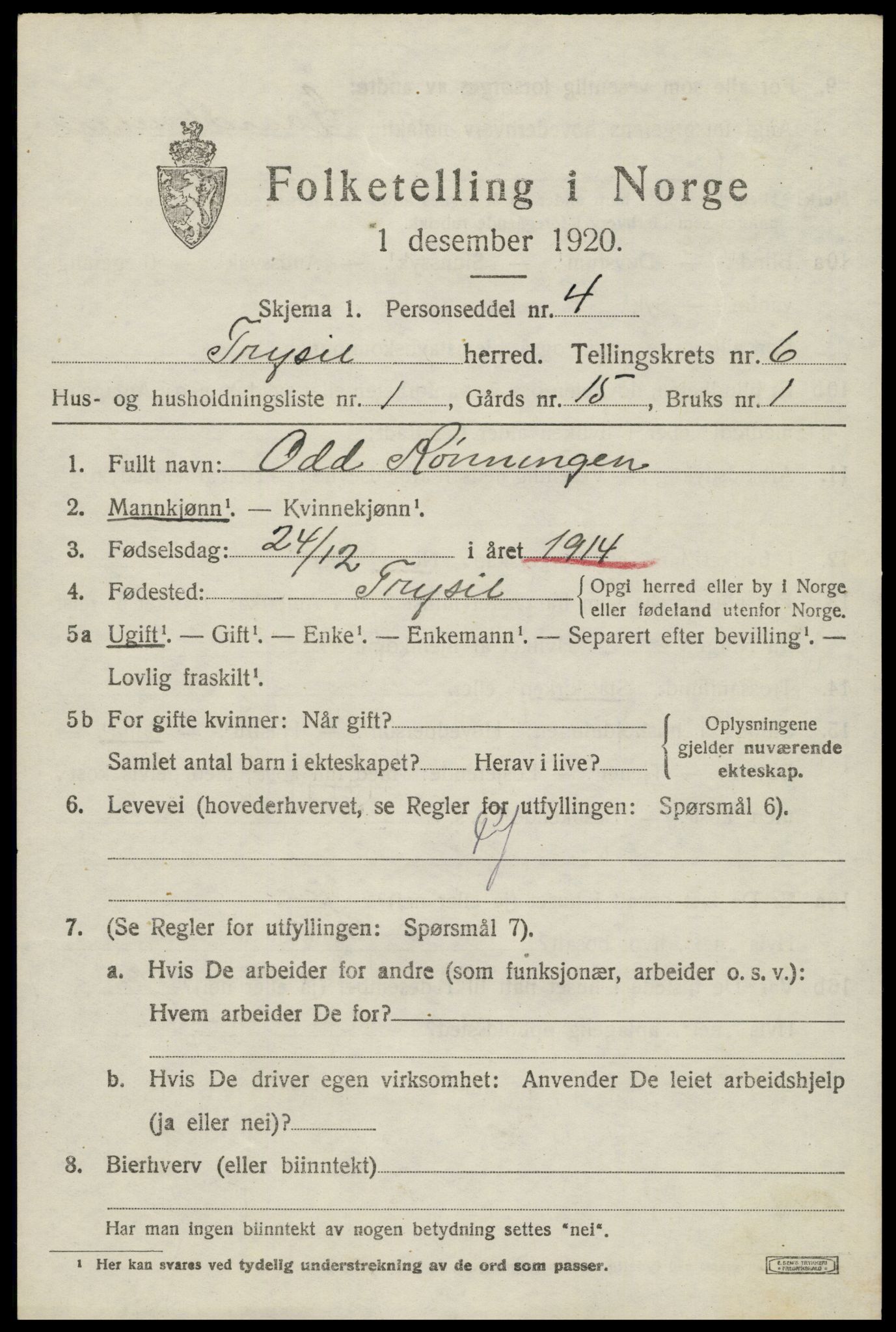 SAH, 1920 census for Trysil, 1920, p. 4535