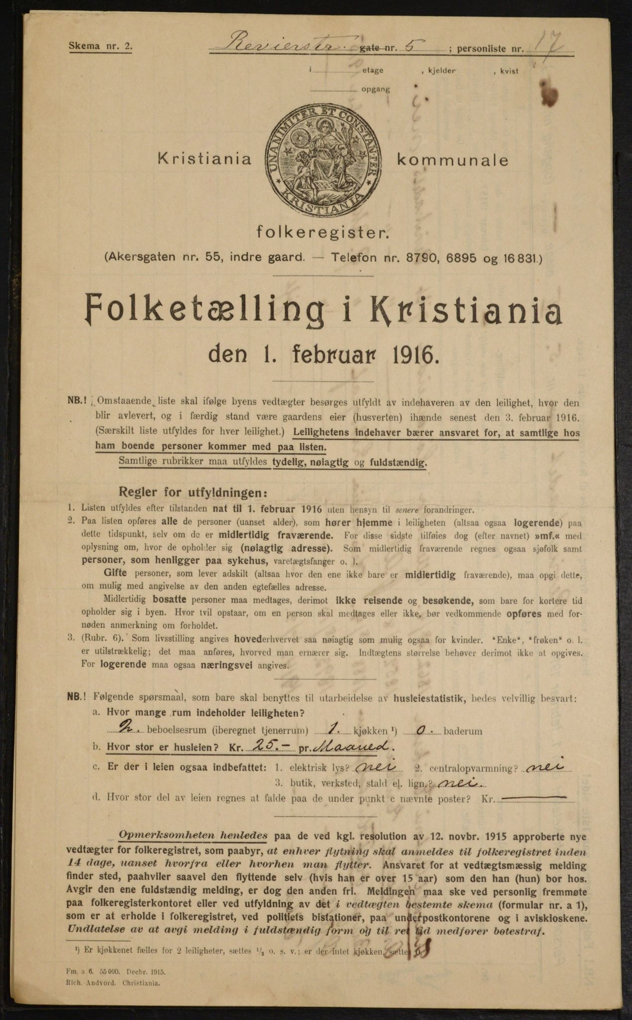 OBA, Municipal Census 1916 for Kristiania, 1916, p. 85047