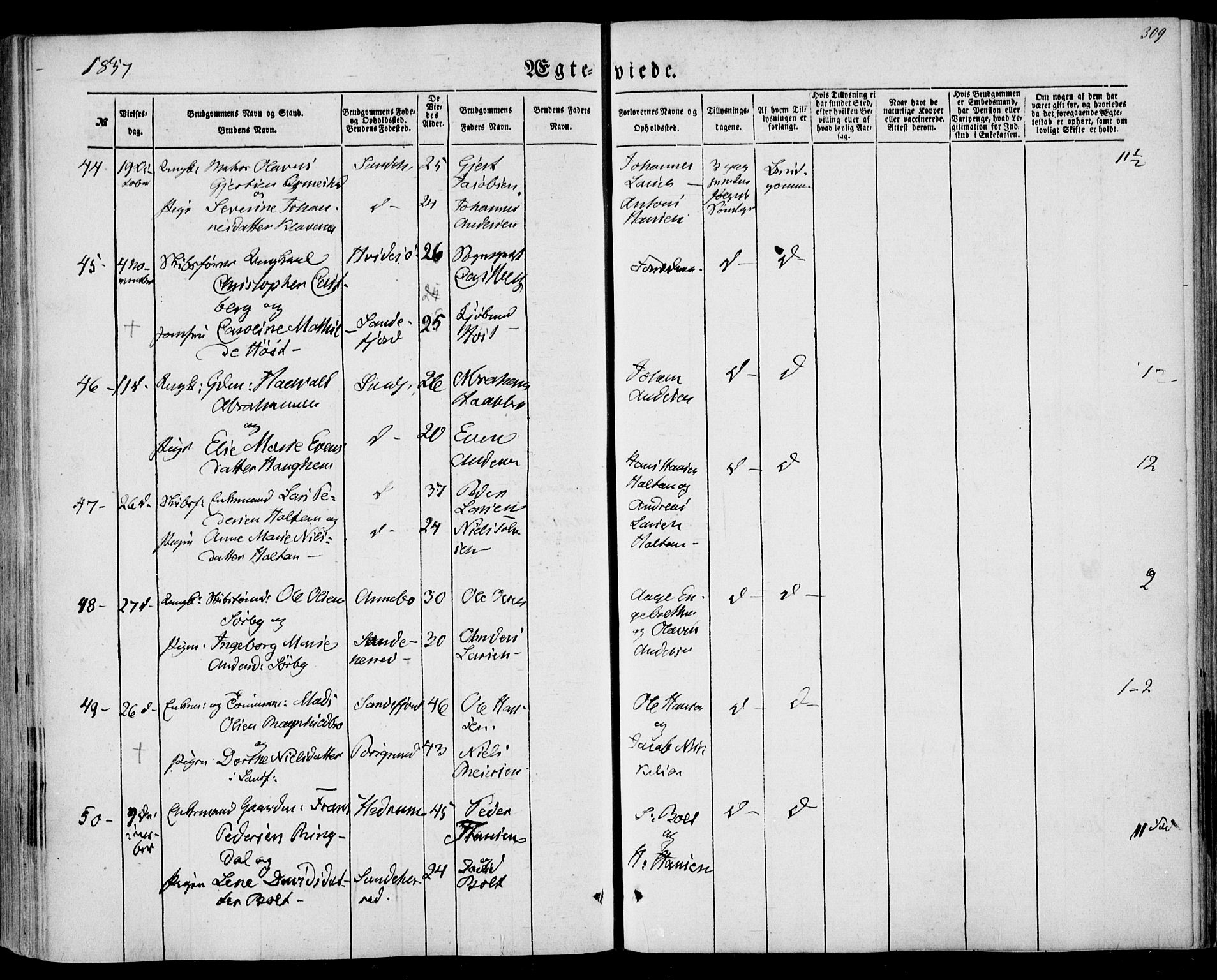 Sandar kirkebøker, AV/SAKO-A-243/F/Fa/L0007: Parish register (official) no. 7, 1855-1861, p. 309