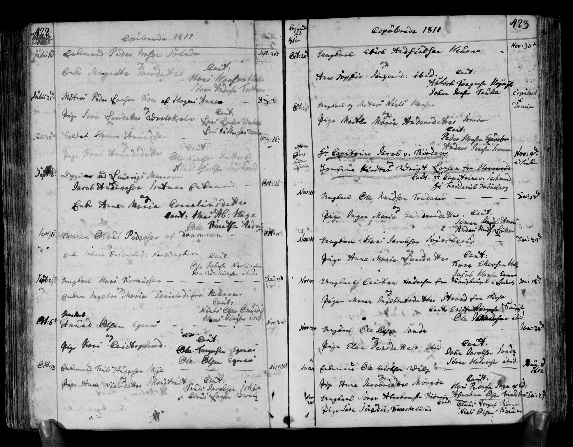 Brunlanes kirkebøker, AV/SAKO-A-342/F/Fa/L0002: Parish register (official) no. I 2, 1802-1834, p. 422-423