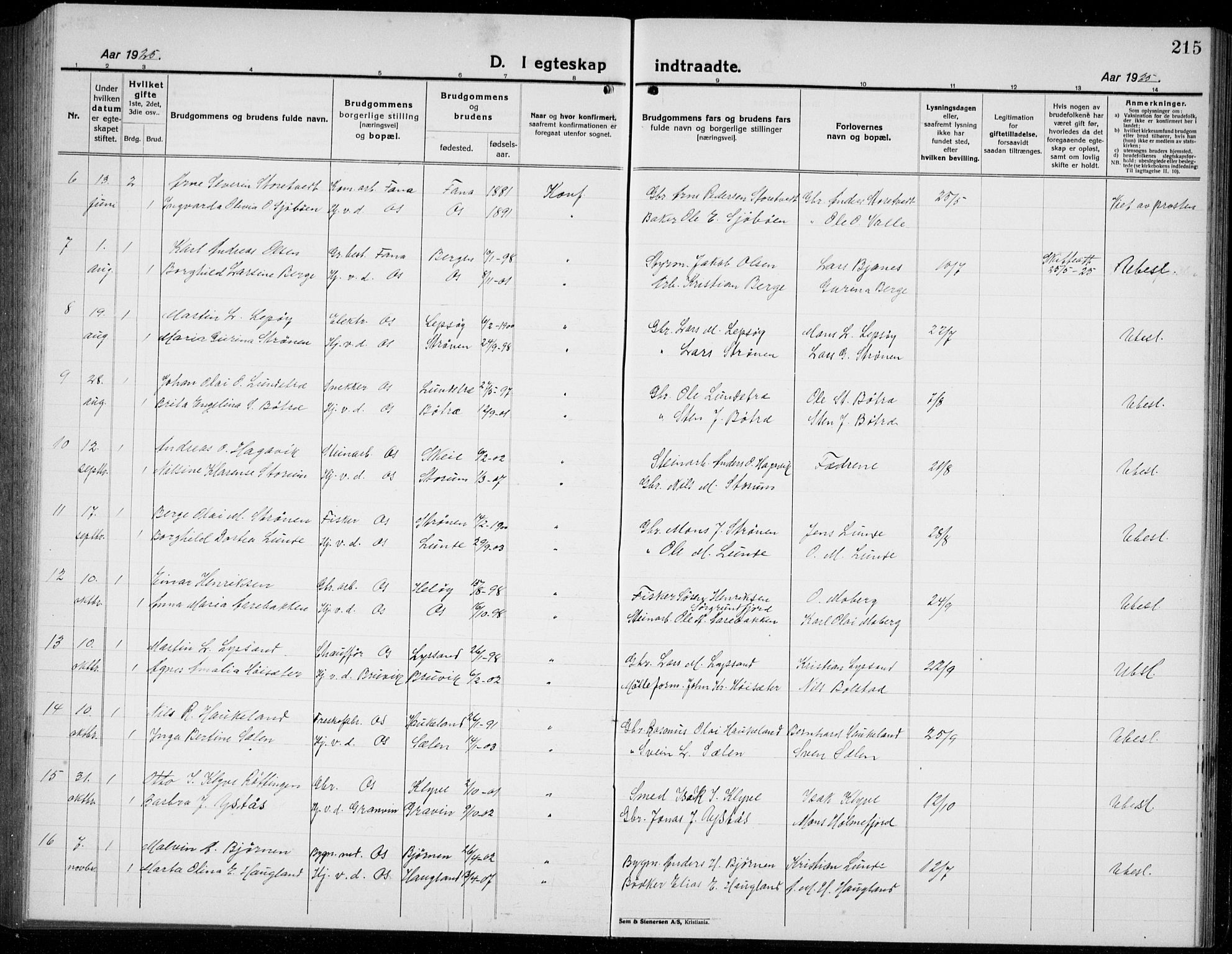 Os sokneprestembete, AV/SAB-A-99929: Parish register (copy) no. A 5, 1923-1941, p. 215