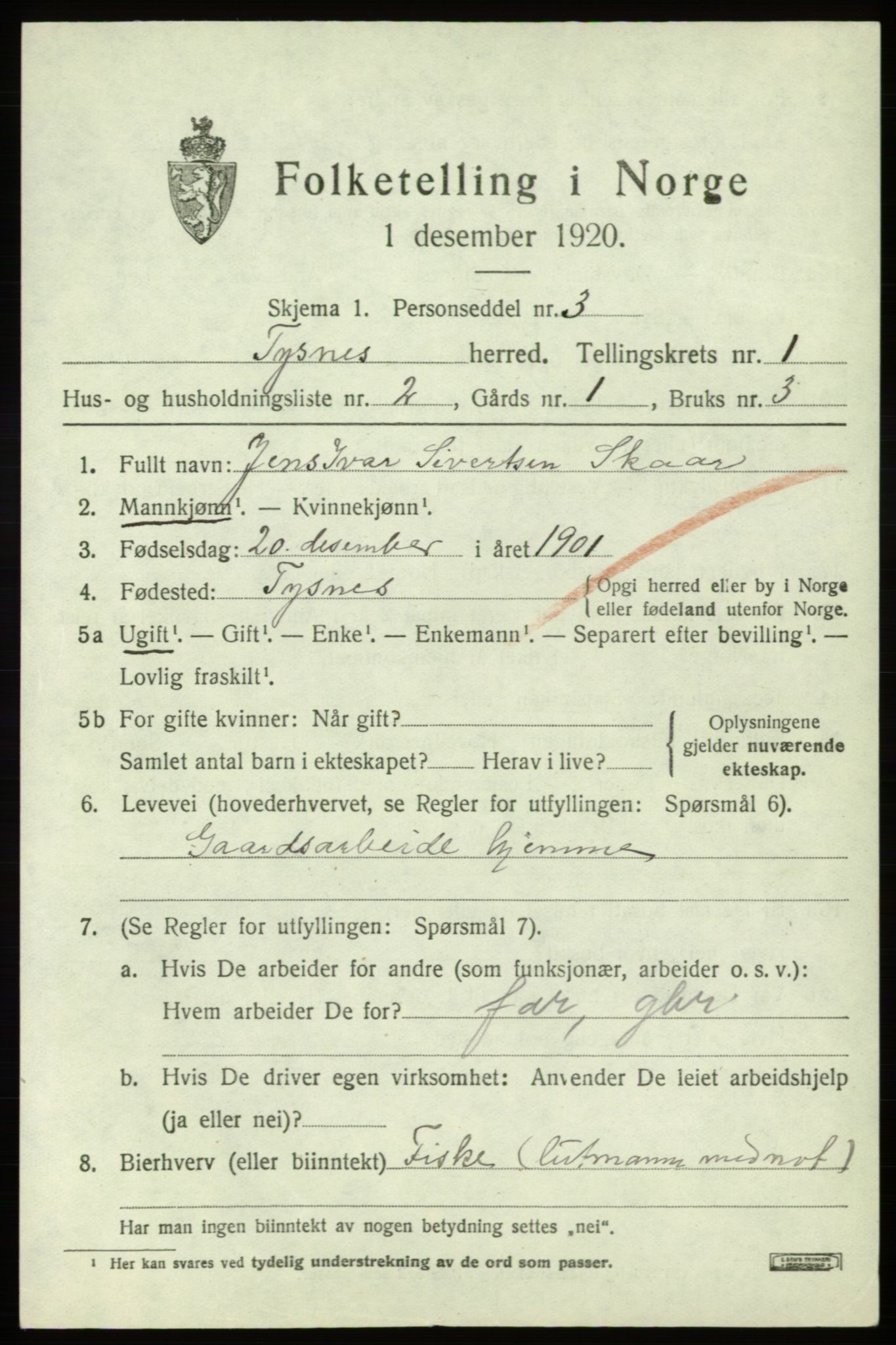 SAB, 1920 census for Tysnes, 1920, p. 1672