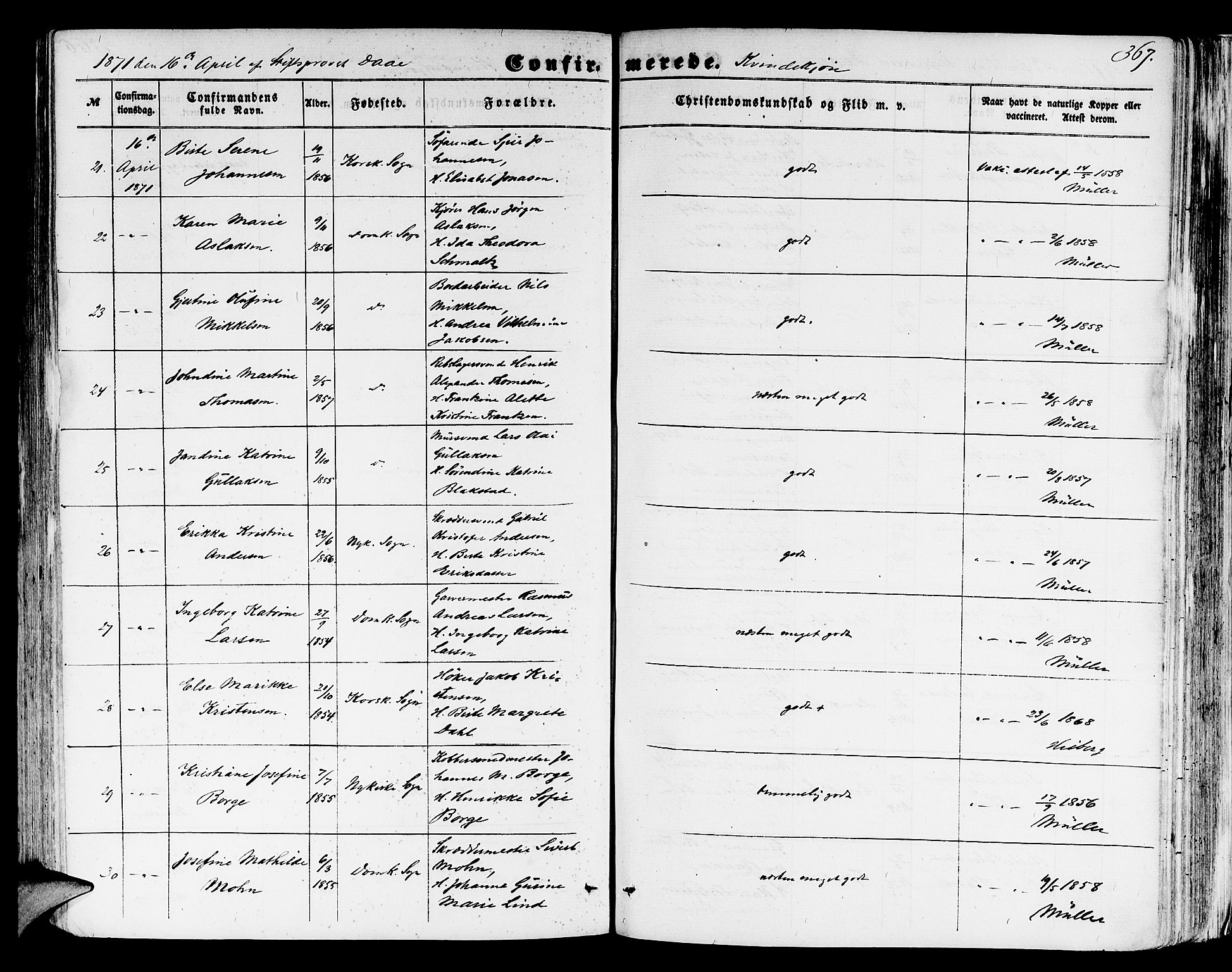 Domkirken sokneprestembete, SAB/A-74801/H/Hab/L0023: Parish register (copy) no. C 3, 1854-1880, p. 367