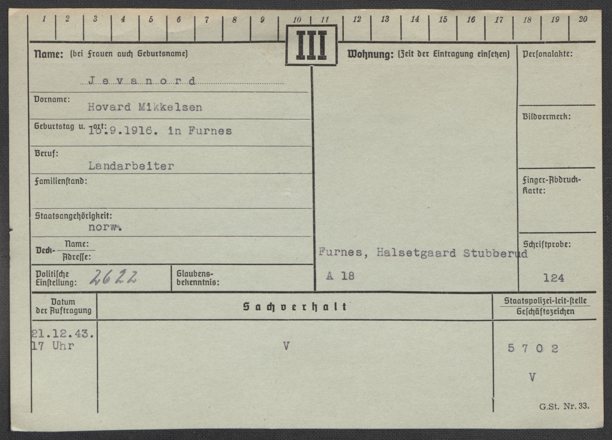 Befehlshaber der Sicherheitspolizei und des SD, RA/RAFA-5969/E/Ea/Eaa/L0005: Register over norske fanger i Møllergata 19: Hø-Kj, 1940-1945, p. 585