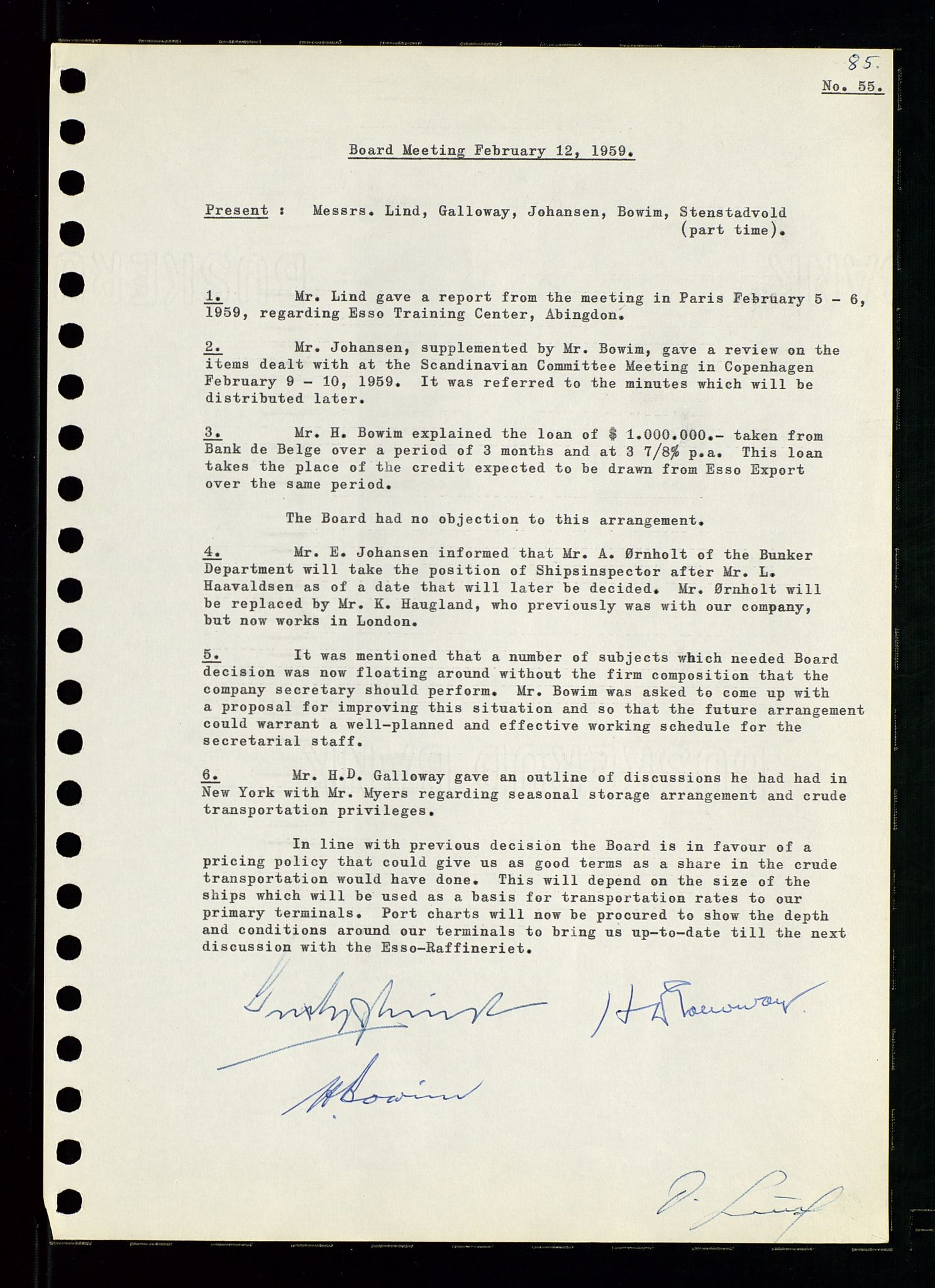 Pa 0982 - Esso Norge A/S, AV/SAST-A-100448/A/Aa/L0001/0001: Den administrerende direksjon Board minutes (styrereferater) / Den administrerende direksjon Board minutes (styrereferater), 1958-1959, p. 85