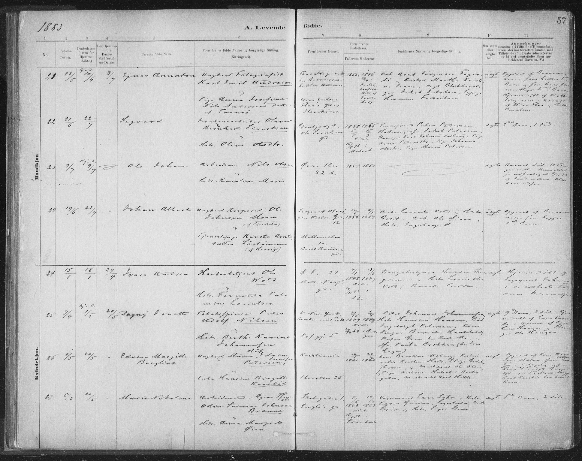 Ministerialprotokoller, klokkerbøker og fødselsregistre - Sør-Trøndelag, AV/SAT-A-1456/603/L0162: Parish register (official) no. 603A01, 1879-1895, p. 57