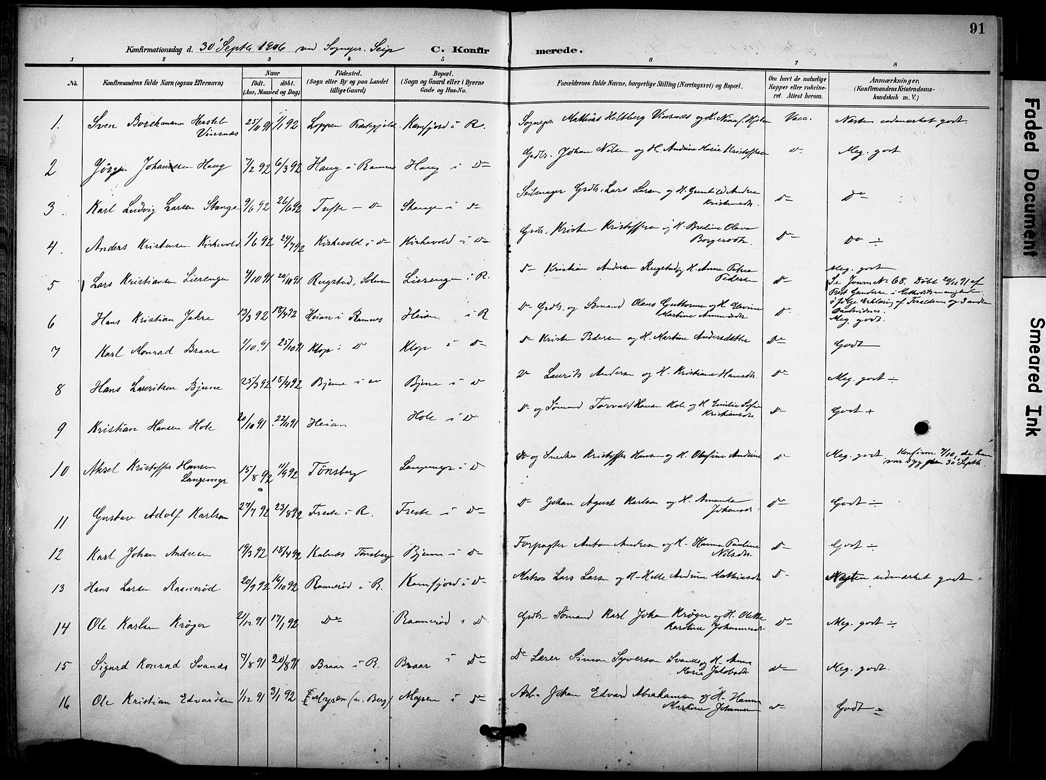 Ramnes kirkebøker, AV/SAKO-A-314/F/Fa/L0008: Parish register (official) no. I 8, 1896-1913, p. 91