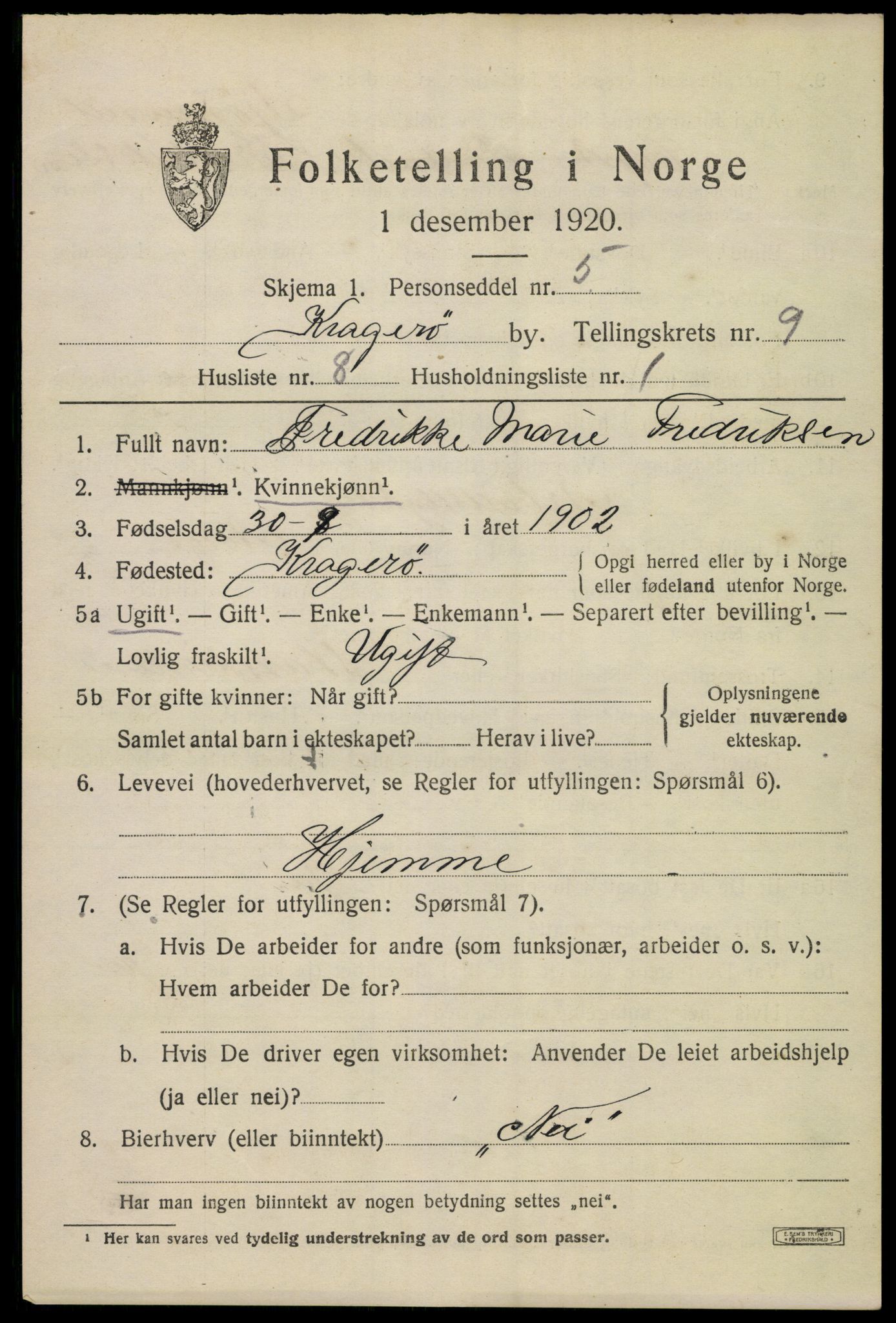 SAKO, 1920 census for Kragerø, 1920, p. 12037