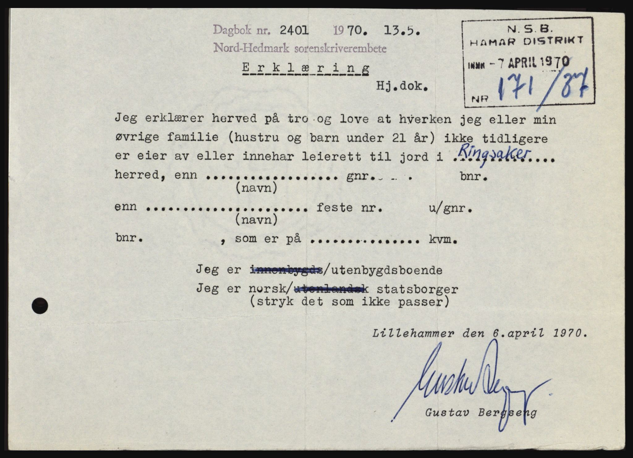 Nord-Hedmark sorenskriveri, SAH/TING-012/H/Hc/L0033: Mortgage book no. 33, 1970-1970, Diary no: : 2401/1970