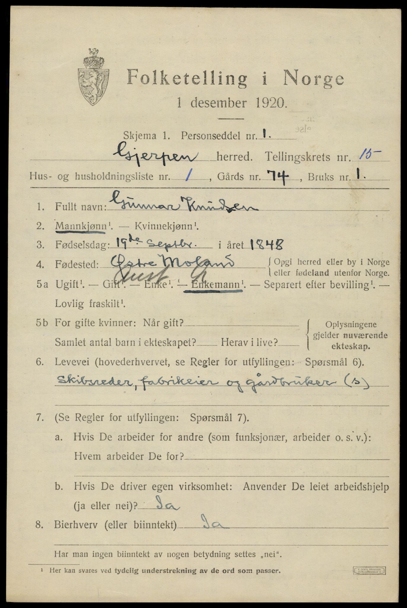 SAKO, 1920 census for Gjerpen, 1920, p. 17216