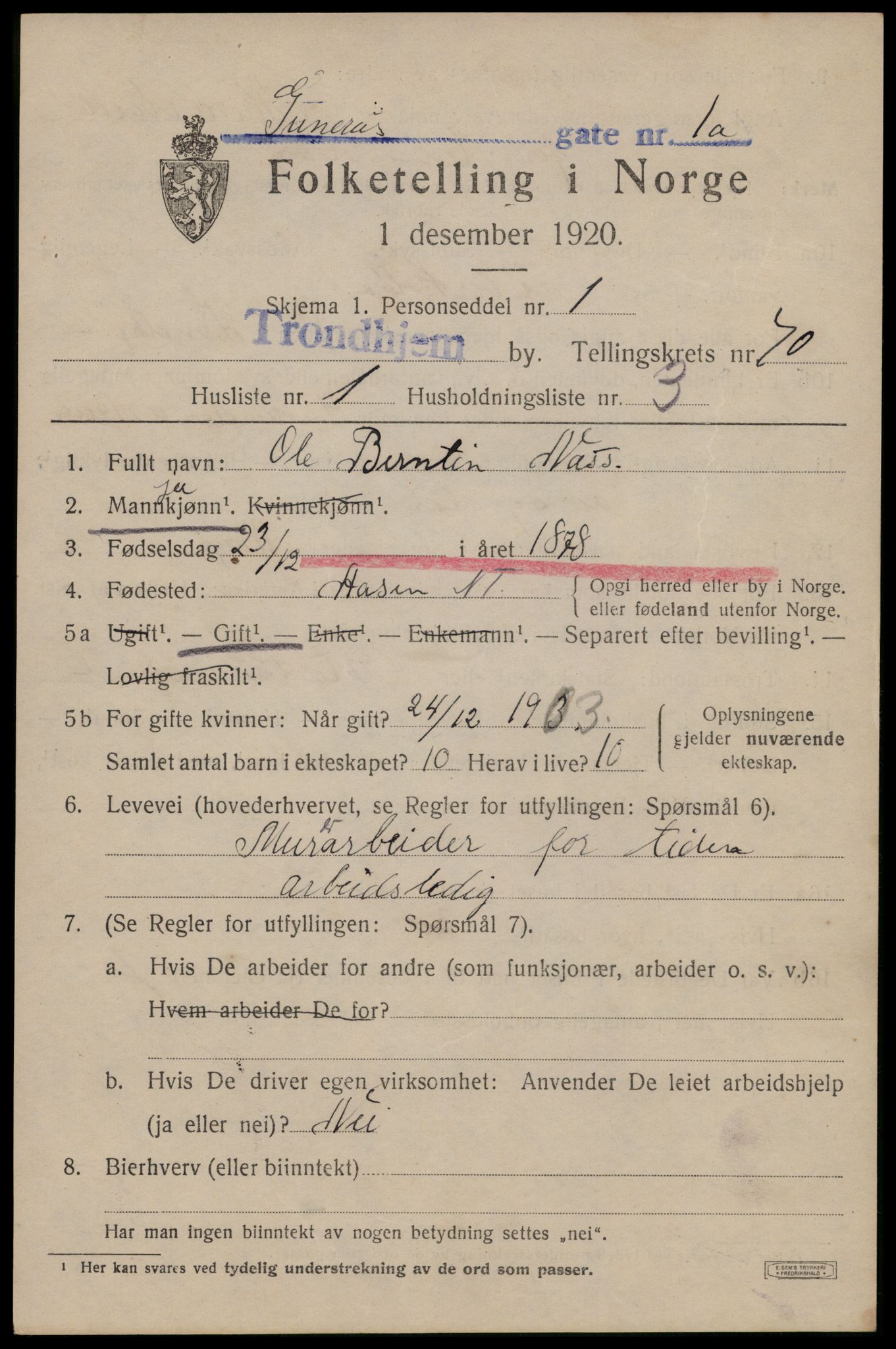 SAT, 1920 census for Trondheim, 1920, p. 137956