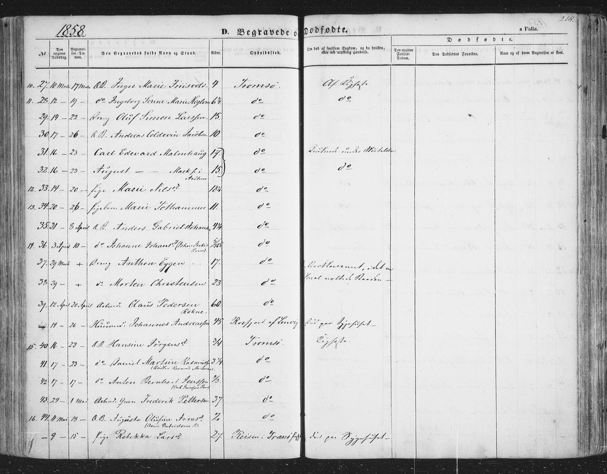 Tromsø sokneprestkontor/stiftsprosti/domprosti, AV/SATØ-S-1343/G/Ga/L0011kirke: Parish register (official) no. 11, 1856-1865, p. 214