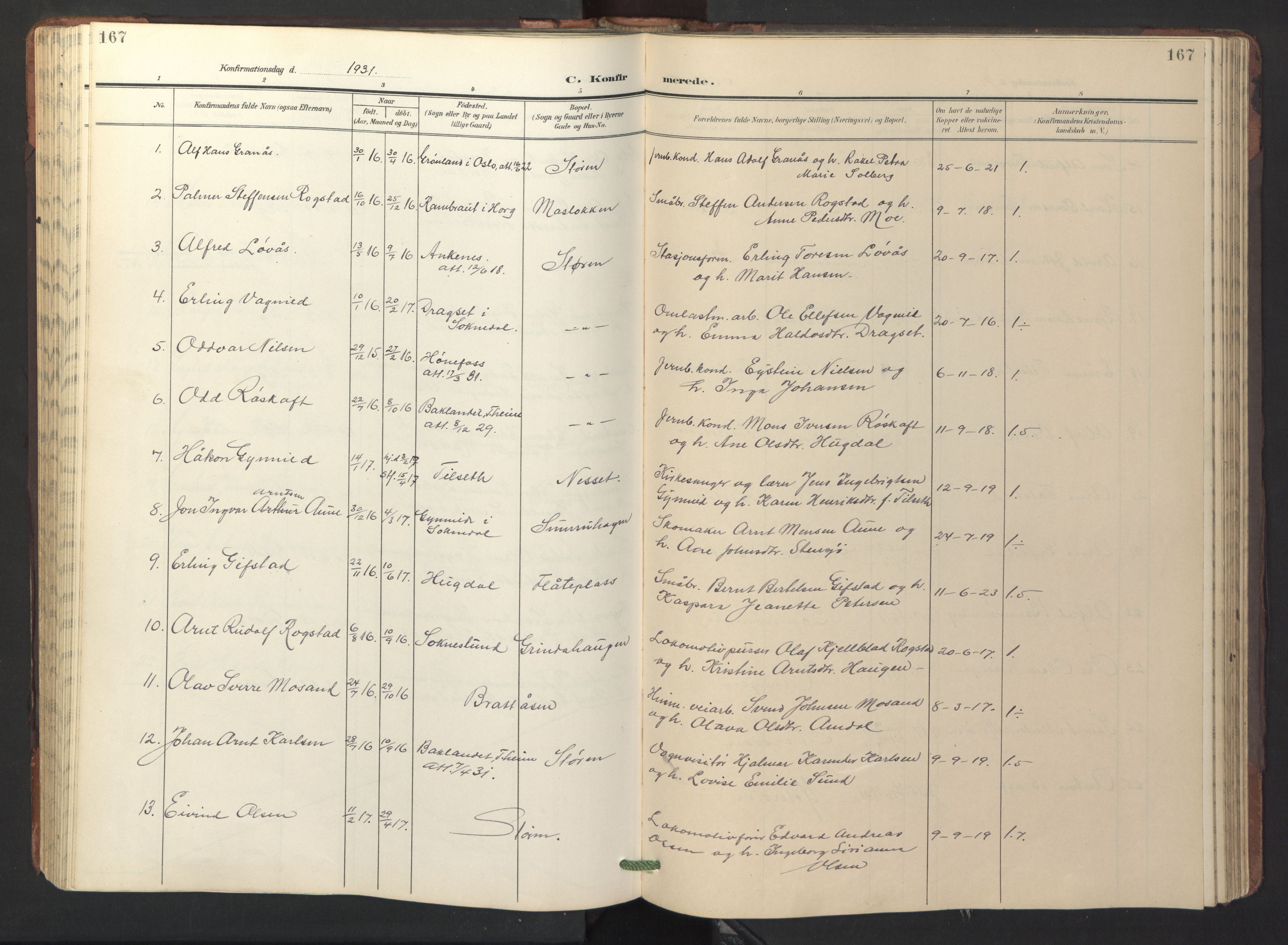 Ministerialprotokoller, klokkerbøker og fødselsregistre - Sør-Trøndelag, SAT/A-1456/687/L1019: Parish register (copy) no. 687C03, 1904-1931, p. 167