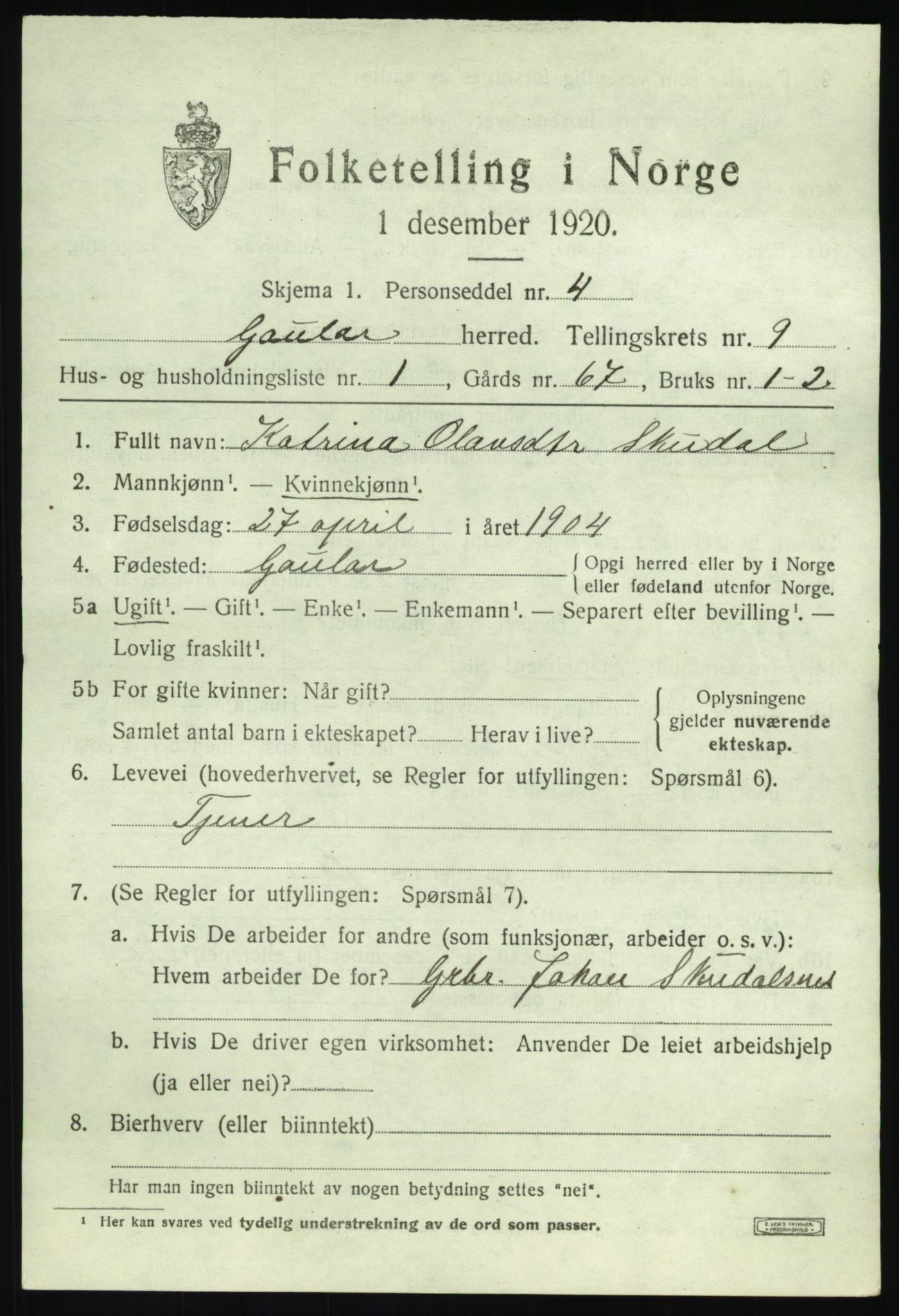 SAB, 1920 census for Gaular, 1920, p. 4170