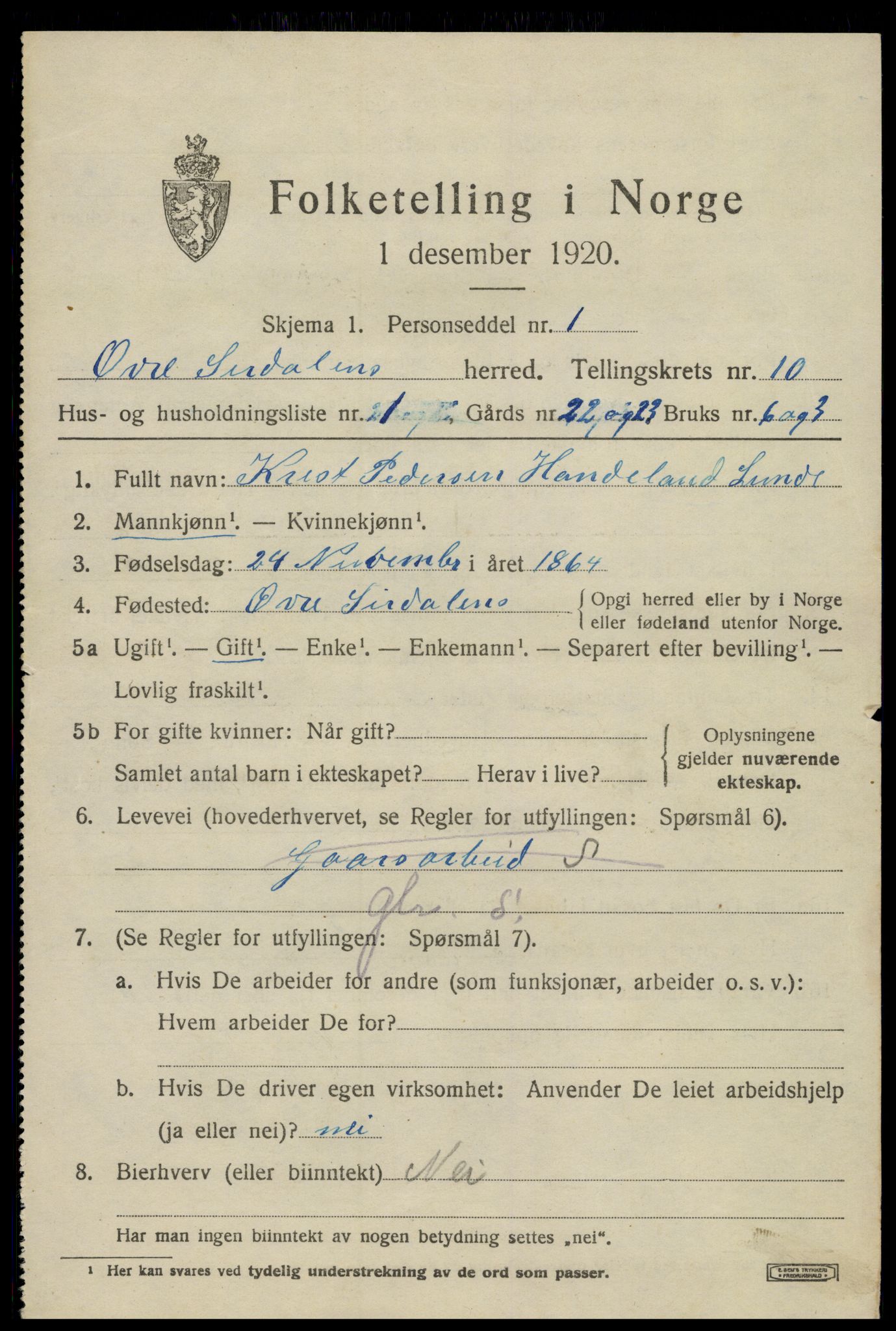 SAK, 1920 census for Øvre Sirdal, 1920, p. 1659