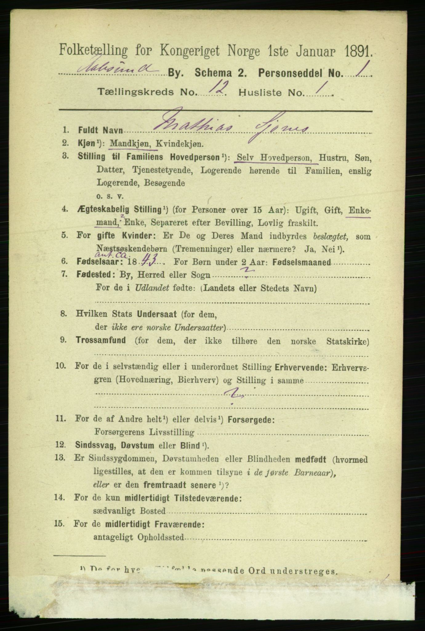 RA, 1891 census for 1501 Ålesund, 1891, p. 7490