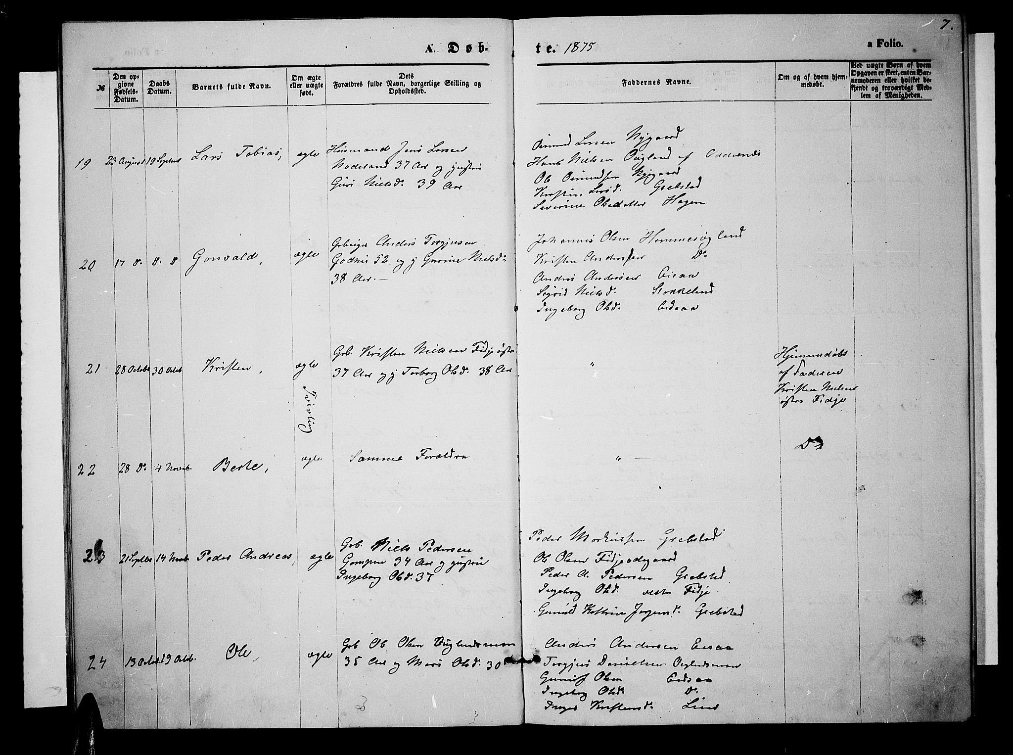 Søgne sokneprestkontor, AV/SAK-1111-0037/F/Fb/Fba/L0003: Parish register (copy) no. B 3, 1874-1887, p. 7