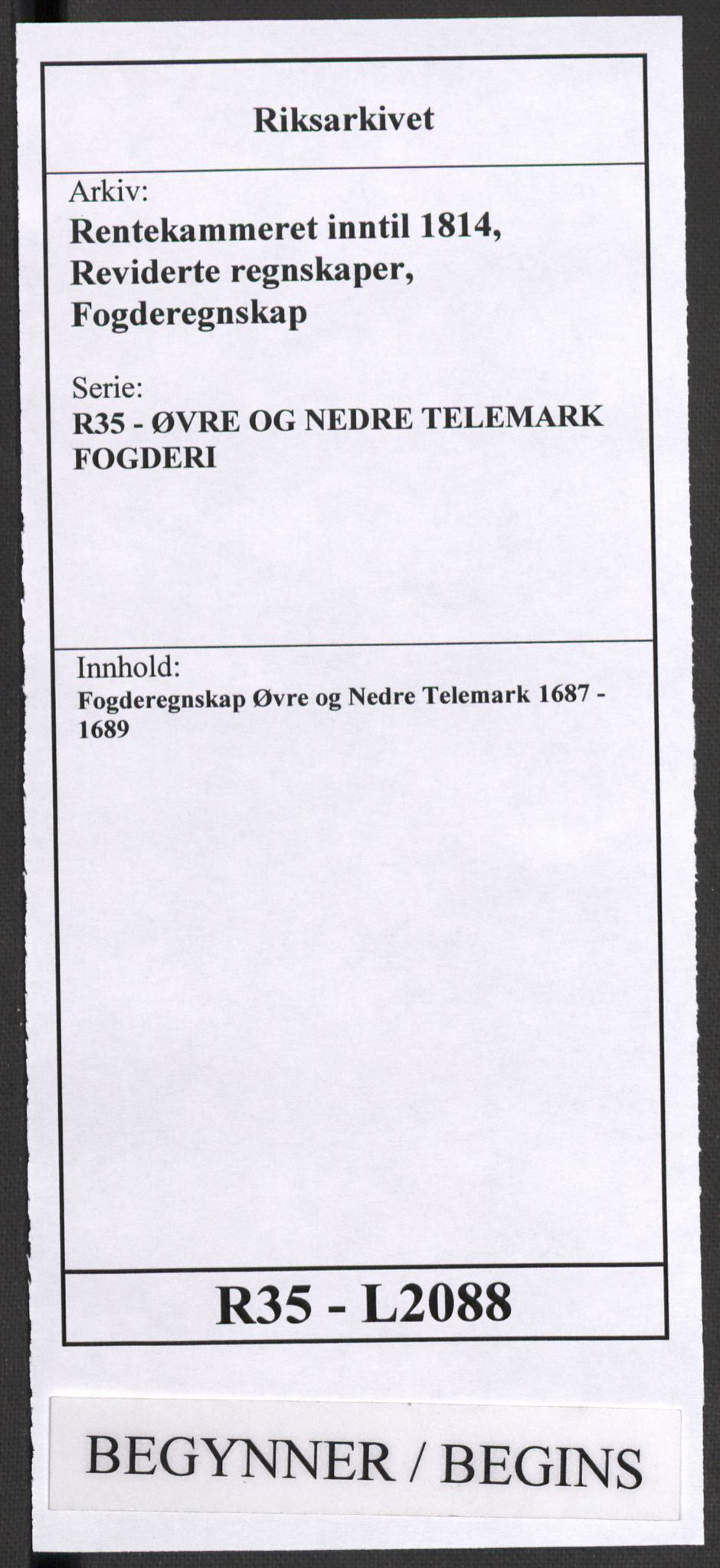 Rentekammeret inntil 1814, Reviderte regnskaper, Fogderegnskap, AV/RA-EA-4092/R35/L2088: Fogderegnskap Øvre og Nedre Telemark, 1687-1689, p. 1