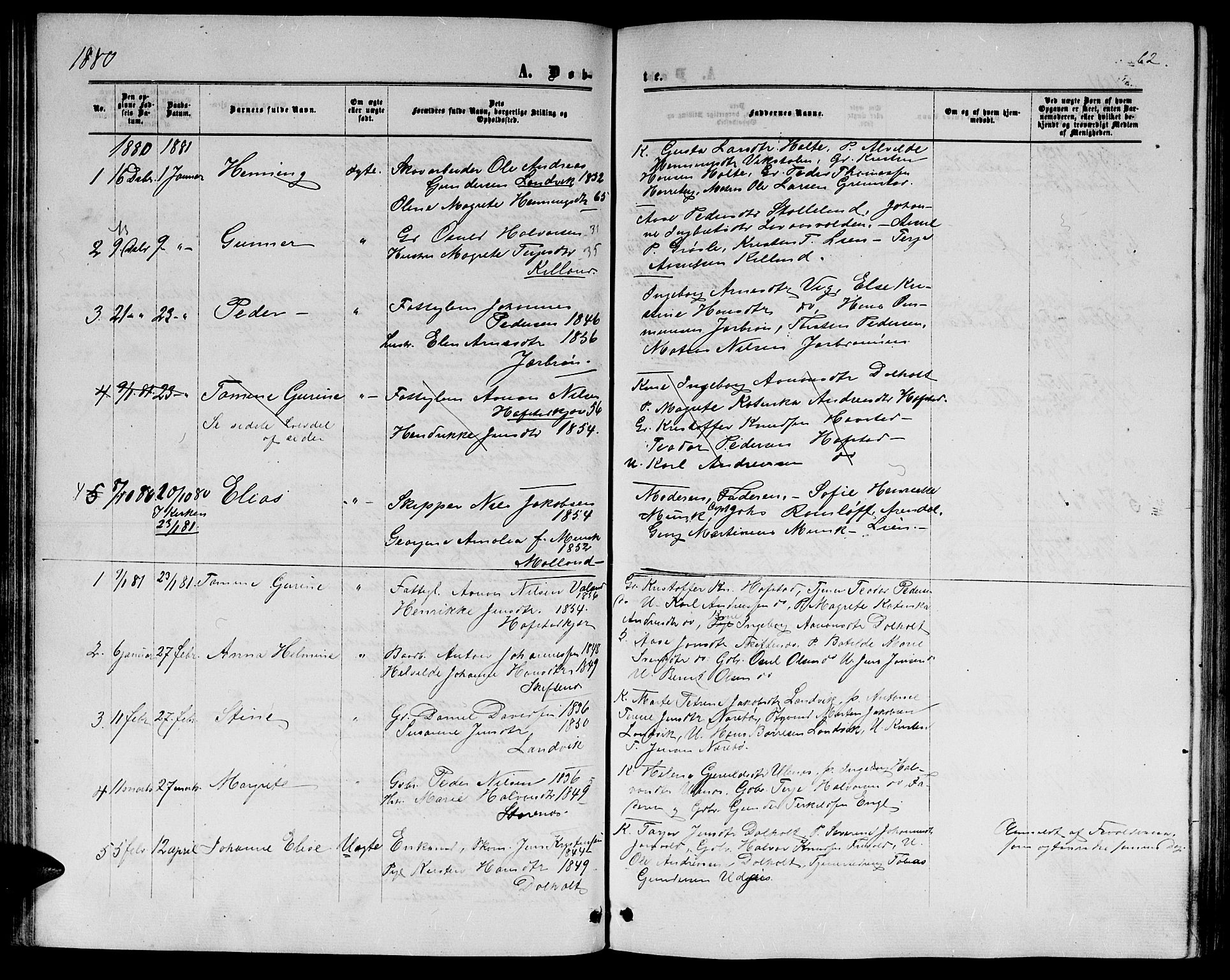 Hommedal sokneprestkontor, SAK/1111-0023/F/Fb/Fbb/L0006: Parish register (copy) no. B 6, 1869-1884, p. 62