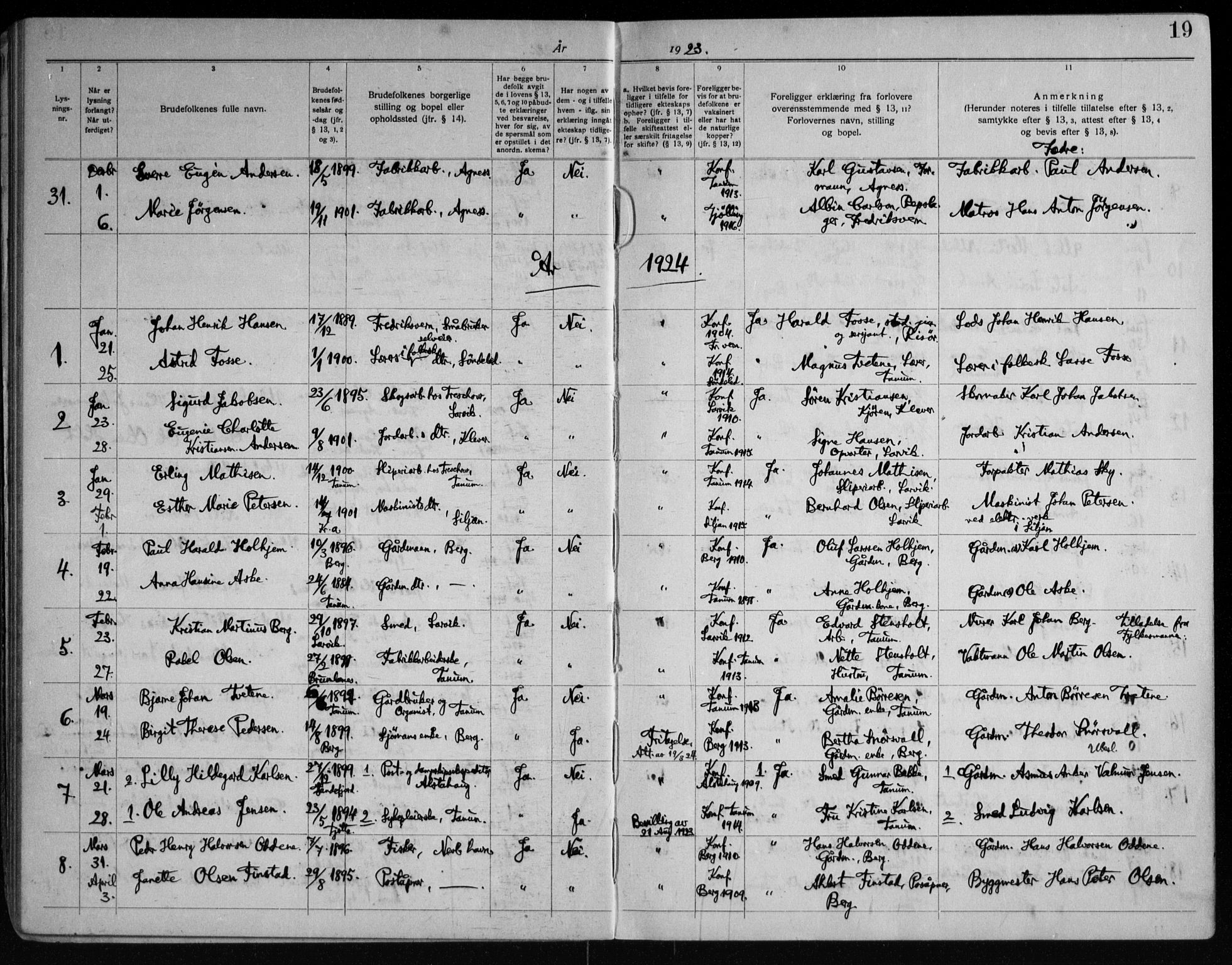 Brunlanes kirkebøker, AV/SAKO-A-342/H/Ha/L0003: Banns register no. 3, 1919-1948, p. 19