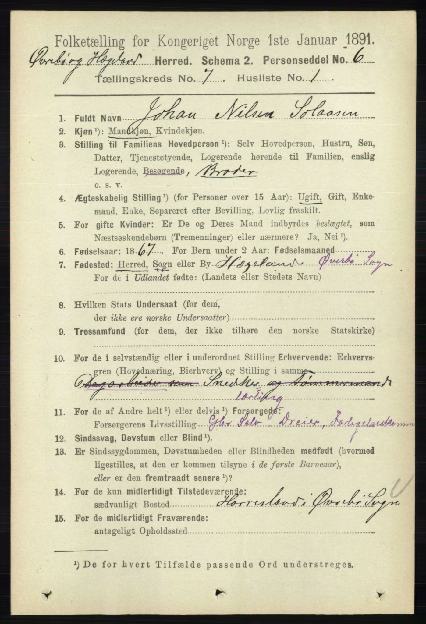 RA, 1891 census for 1016 Øvrebø og Hægeland, 1891, p. 1336