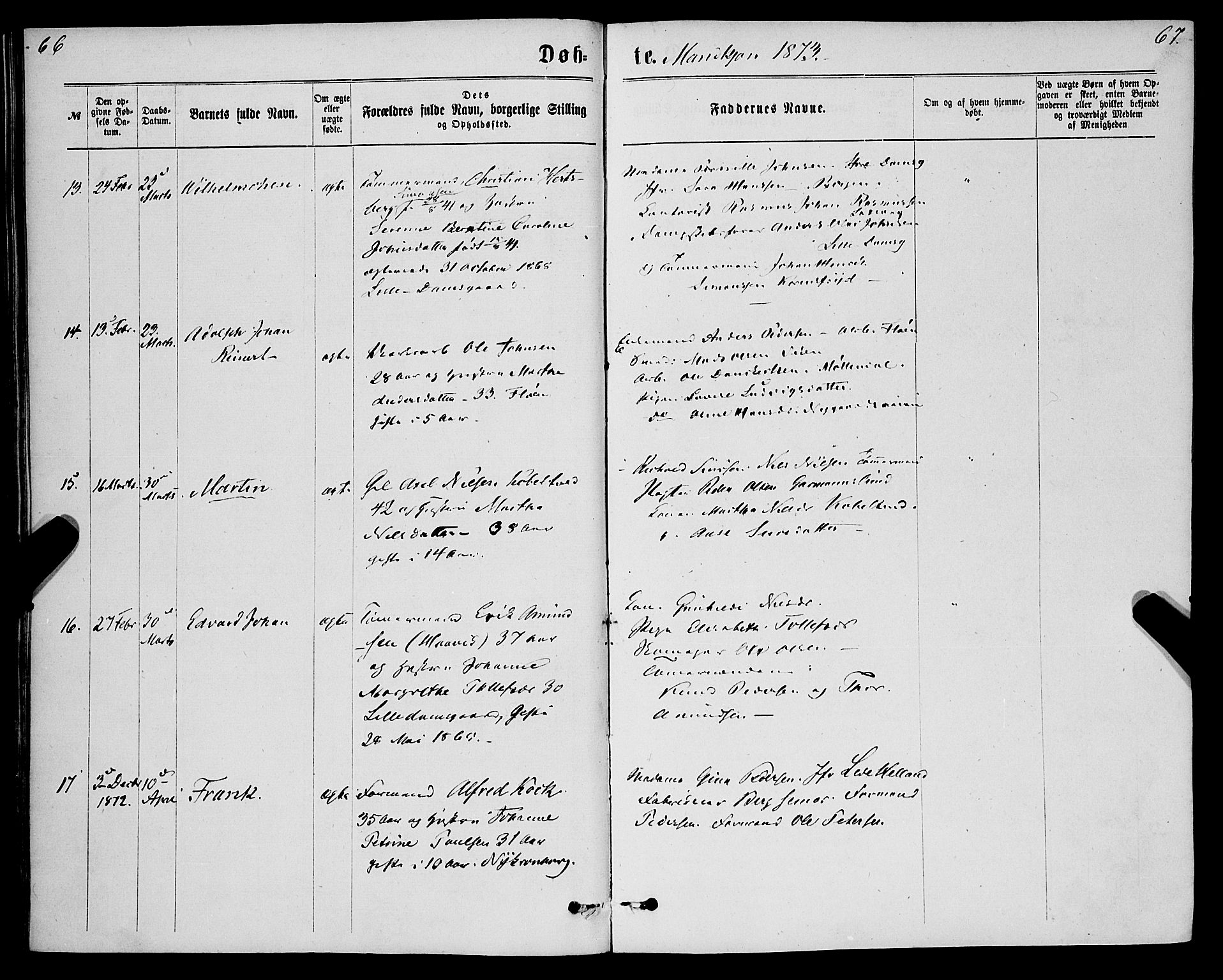 St. Jørgens hospital og Årstad sokneprestembete, AV/SAB-A-99934: Parish register (official) no. A 6, 1870-1878, p. 66-67