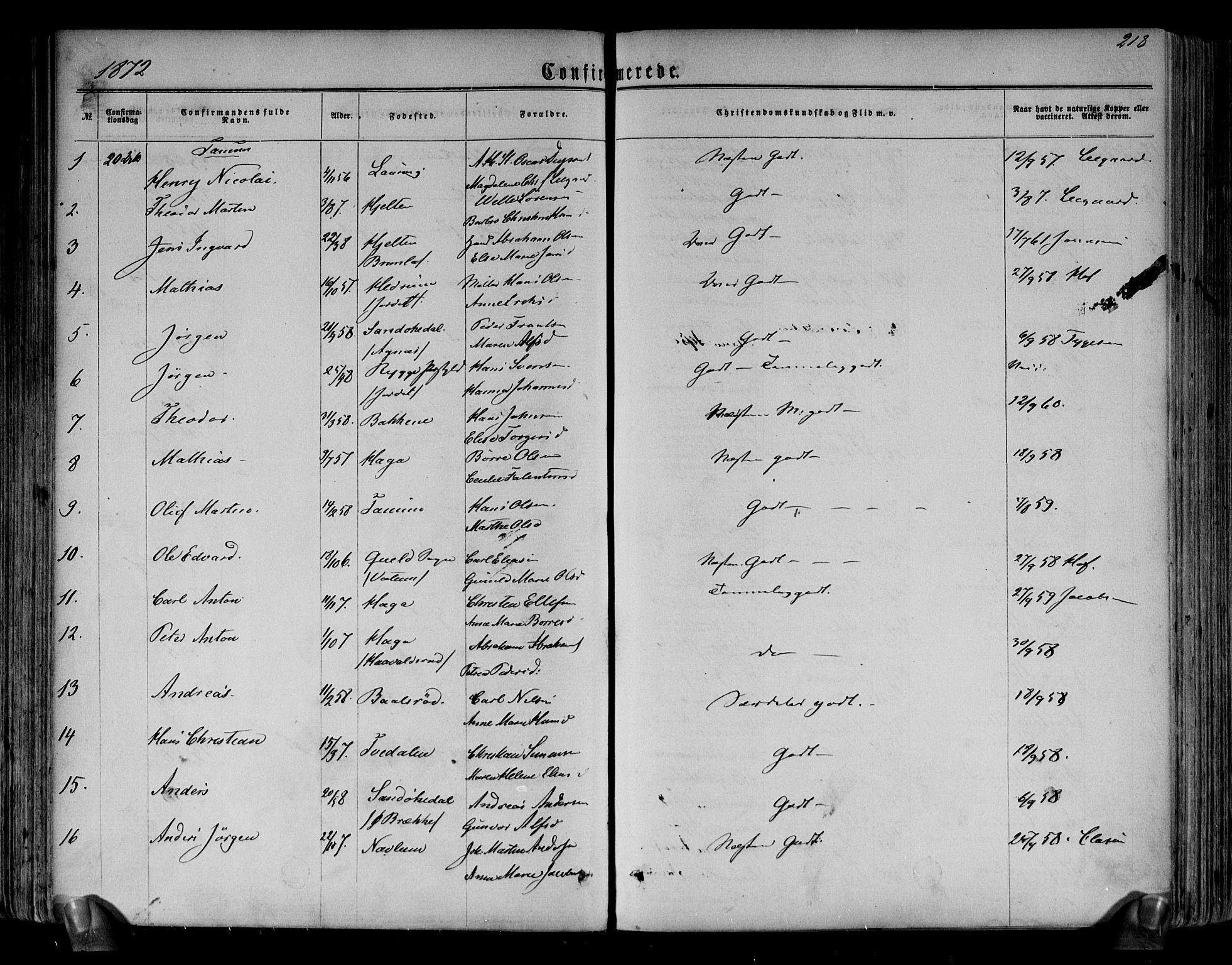 Brunlanes kirkebøker, AV/SAKO-A-342/F/Fa/L0005: Parish register (official) no. I 5, 1862-1877, p. 218