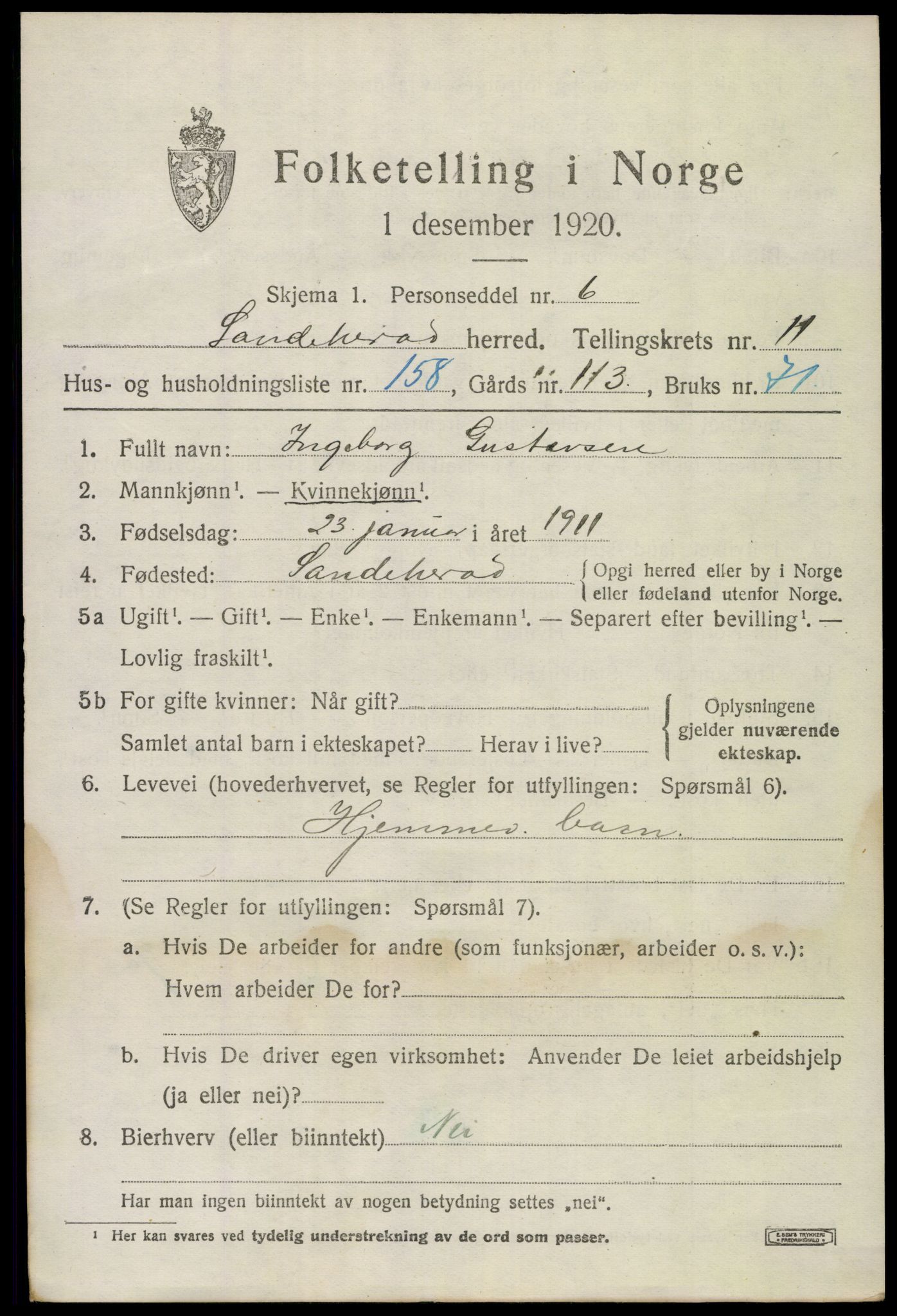 SAKO, 1920 census for Sandeherred, 1920, p. 18086