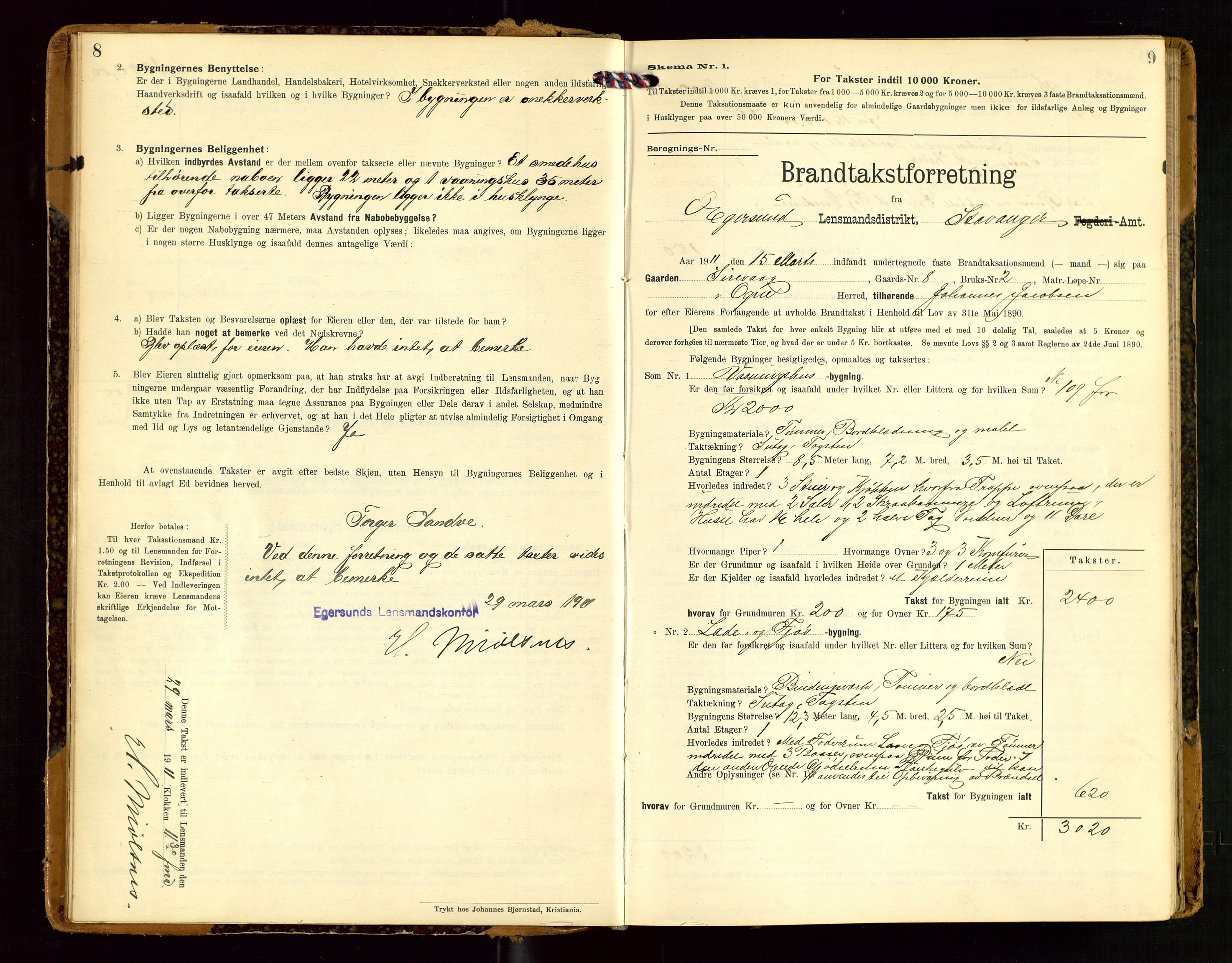 Eigersund lensmannskontor, AV/SAST-A-100171/Gob/L0002: "Brandtakstprotokol", 1910-1916, p. 8-9