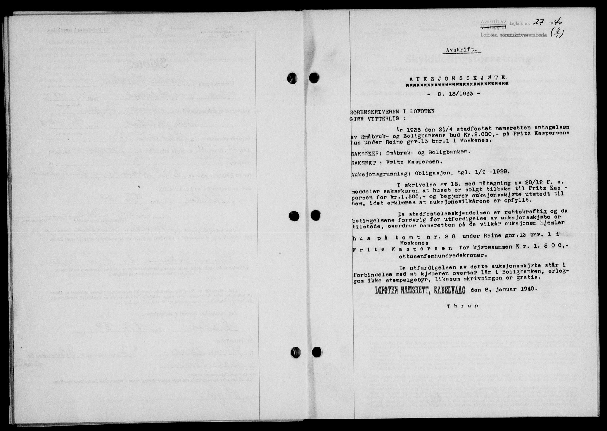 Lofoten sorenskriveri, SAT/A-0017/1/2/2C/L0007a: Mortgage book no. 7a, 1939-1940, Diary no: : 27/1940