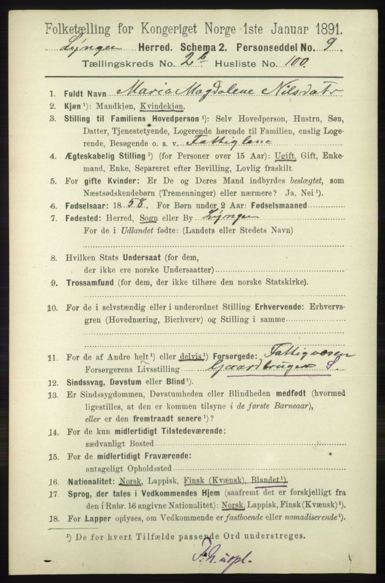 RA, 1891 census for 1938 Lyngen, 1891, p. 3066