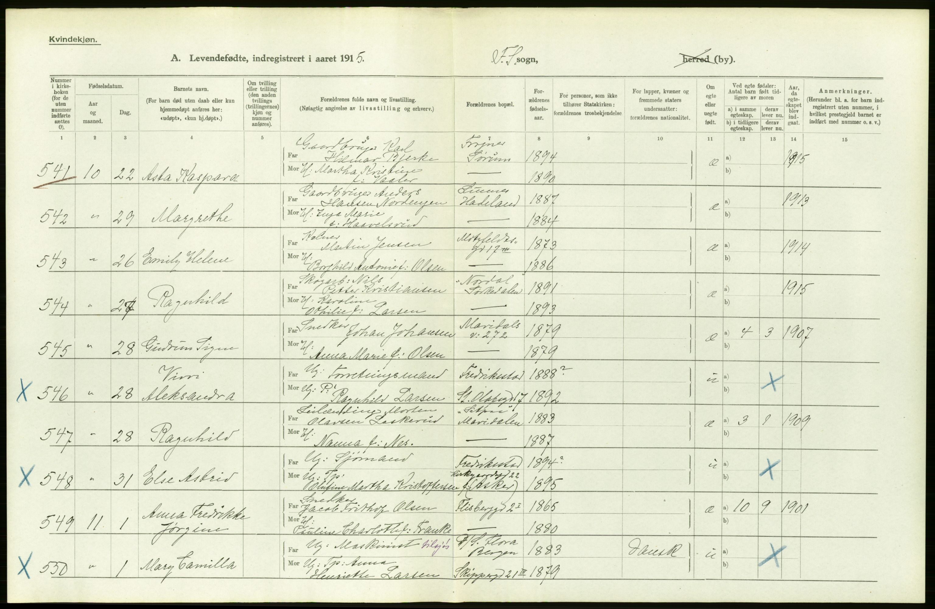Statistisk sentralbyrå, Sosiodemografiske emner, Befolkning, AV/RA-S-2228/D/Df/Dfb/Dfbe/L0007: Kristiania: Levendefødte menn og kvinner., 1915, p. 24