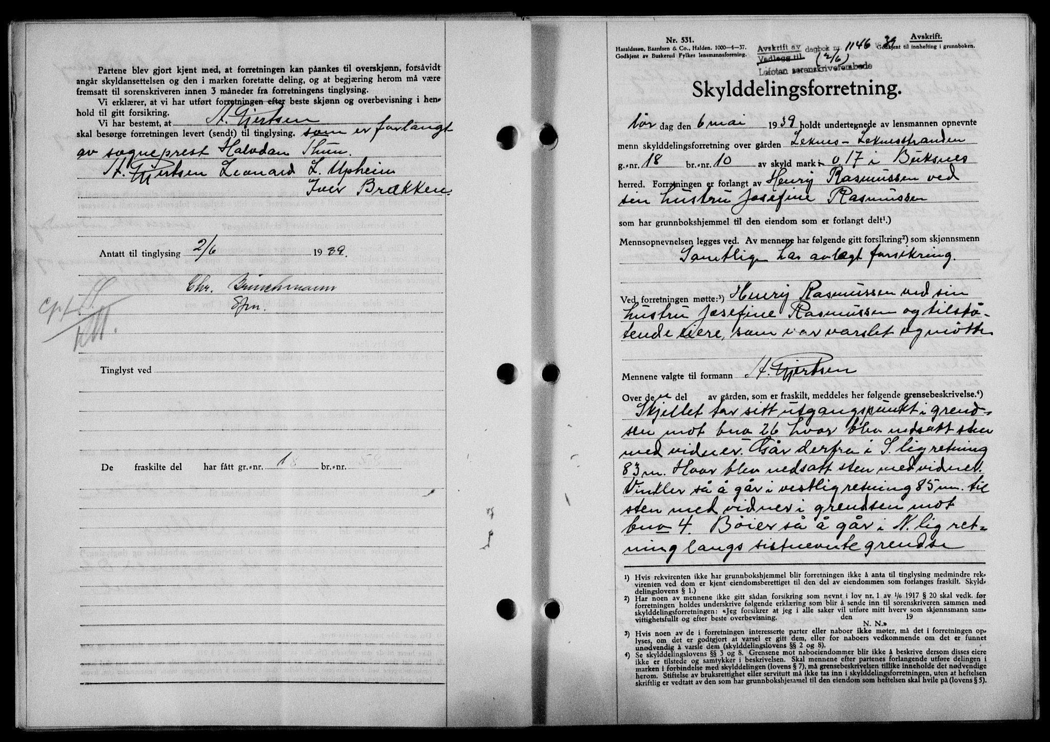 Lofoten sorenskriveri, SAT/A-0017/1/2/2C/L0005a: Mortgage book no. 5a, 1939-1939, Diary no: : 1146/1939