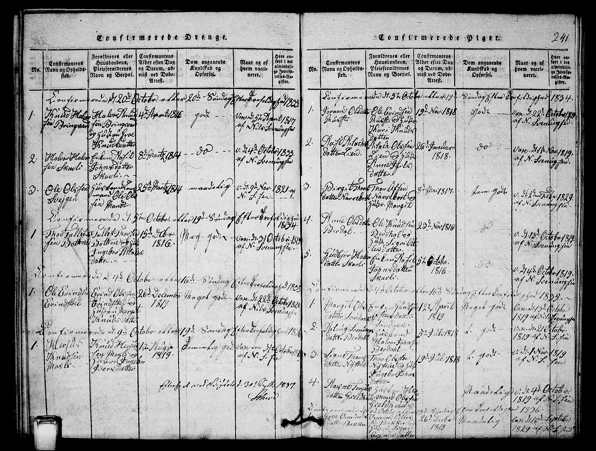 Vinje kirkebøker, SAKO/A-312/G/Gb/L0001: Parish register (copy) no. II 1, 1814-1843, p. 241