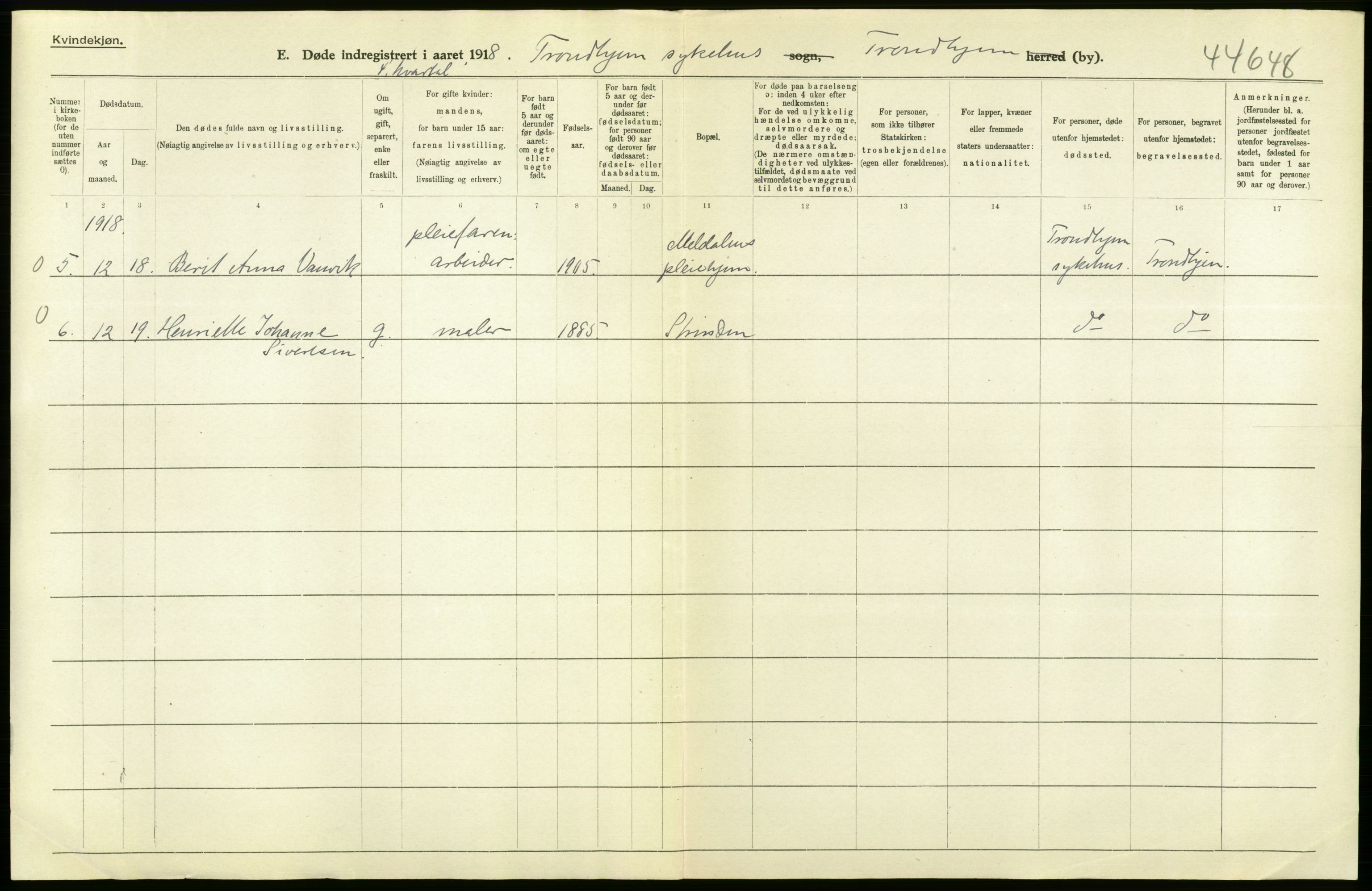 Statistisk sentralbyrå, Sosiodemografiske emner, Befolkning, AV/RA-S-2228/D/Df/Dfb/Dfbh/L0049: Trondheim: Døde, dødfødte., 1918, p. 312