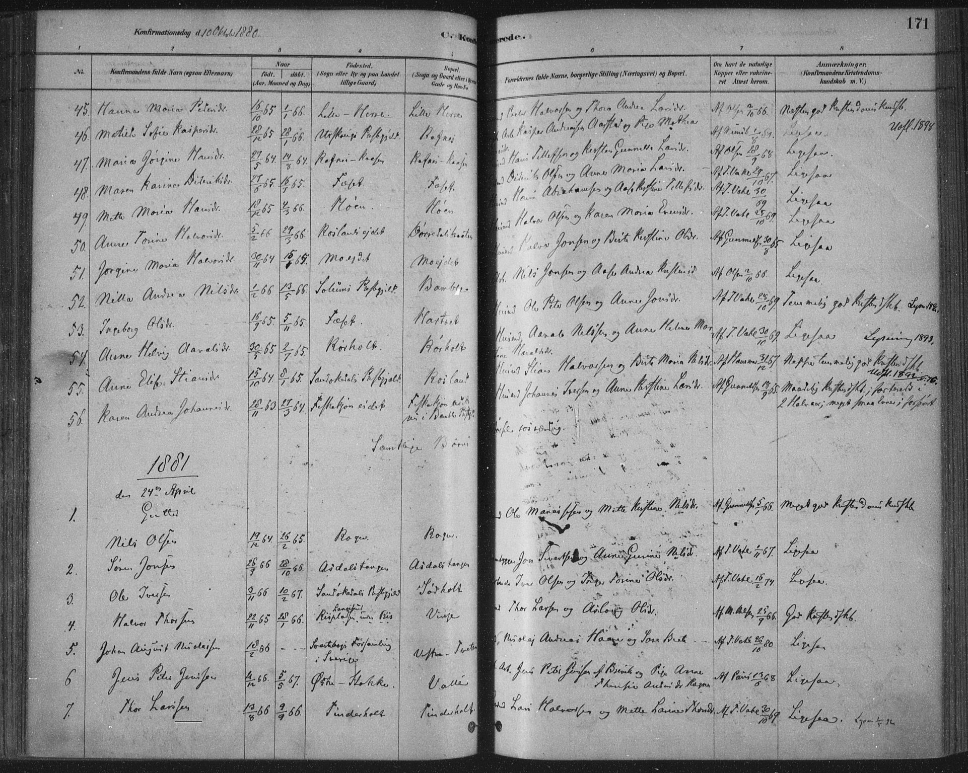 Bamble kirkebøker, SAKO/A-253/F/Fa/L0007: Parish register (official) no. I 7, 1878-1888, p. 171