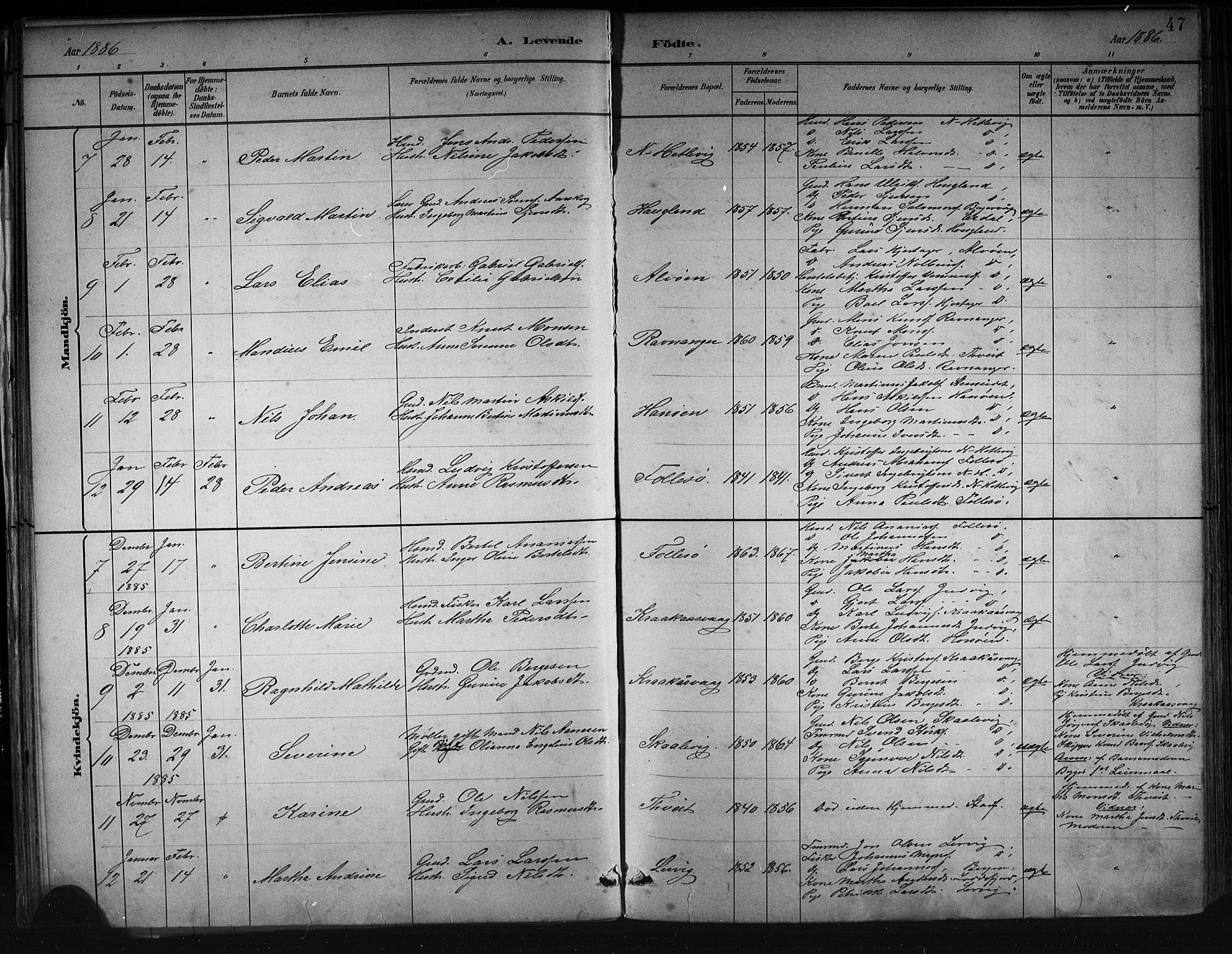 Askøy Sokneprestembete, SAB/A-74101/H/Ha/Hab/Haba/L0008: Parish register (copy) no. A 8, 1882-1893, p. 47