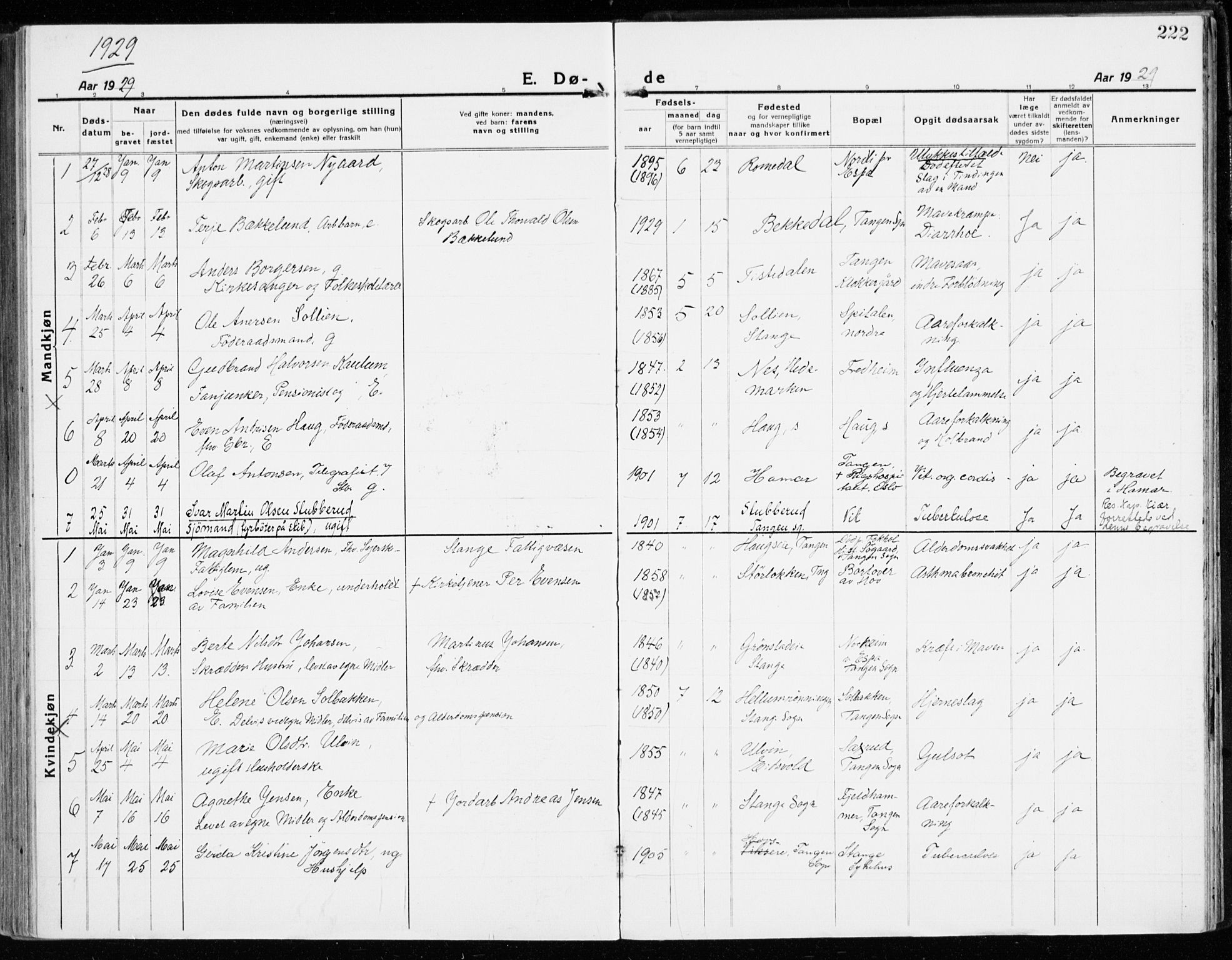 Stange prestekontor, SAH/PREST-002/K/L0025: Parish register (official) no. 25, 1921-1945, p. 222
