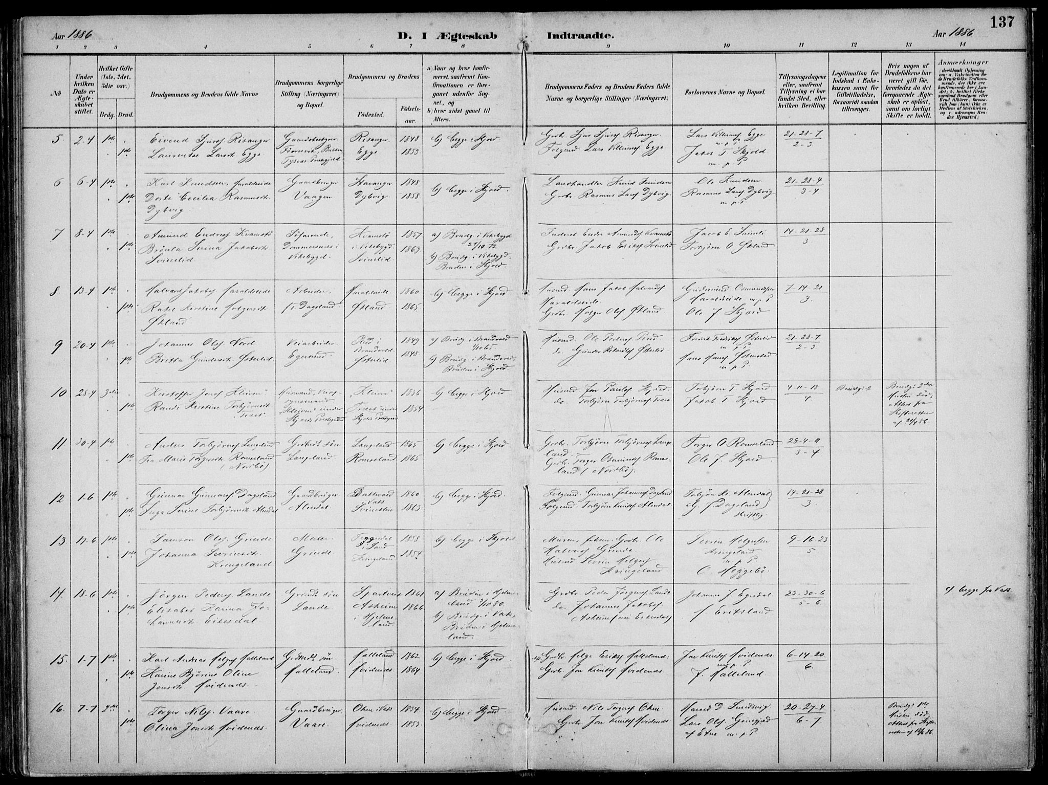 Skjold sokneprestkontor, AV/SAST-A-101847/H/Ha/Haa/L0010: Parish register (official) no. A 10, 1882-1897, p. 137