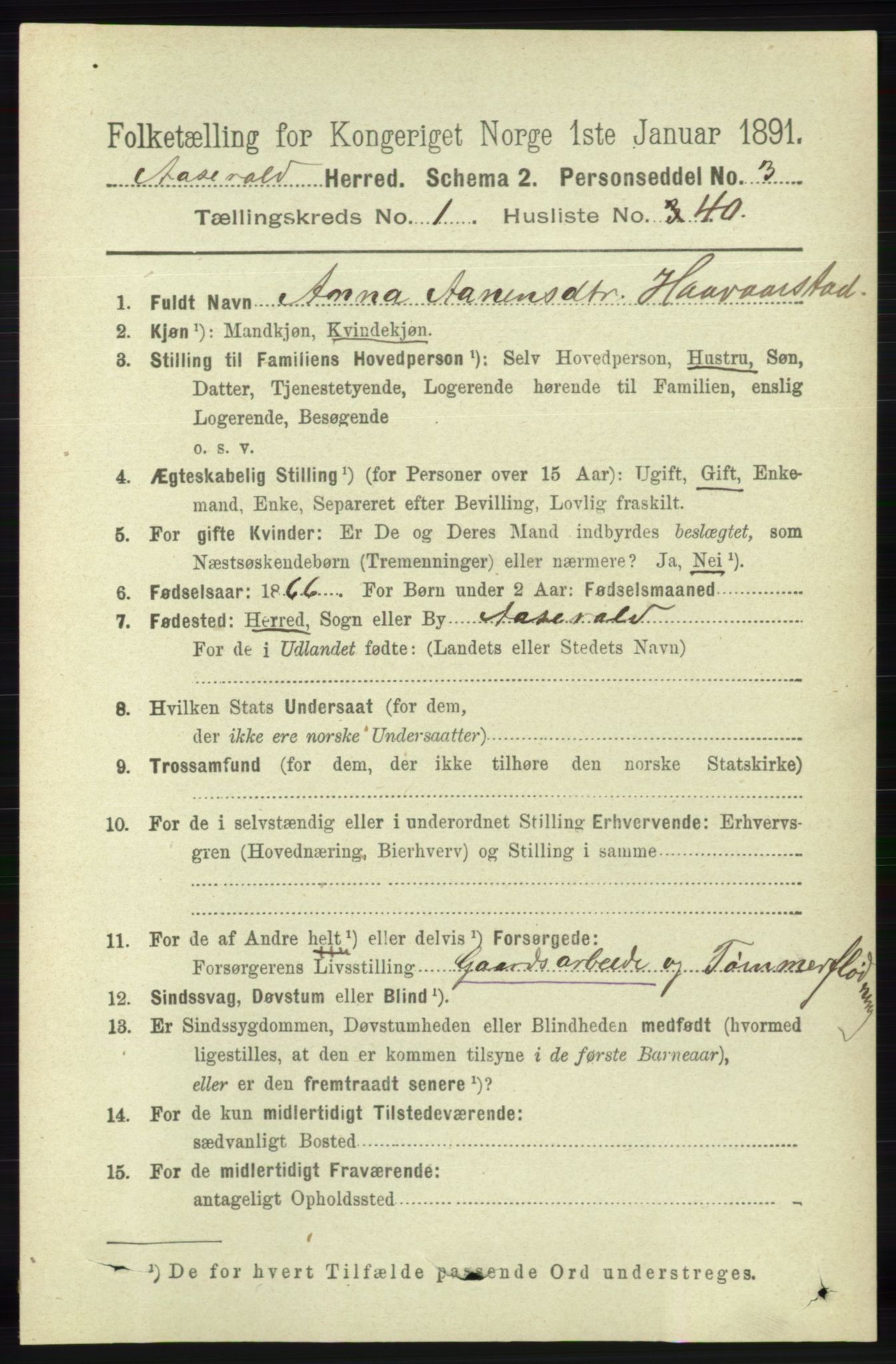 RA, 1891 census for 1026 Åseral, 1891, p. 323