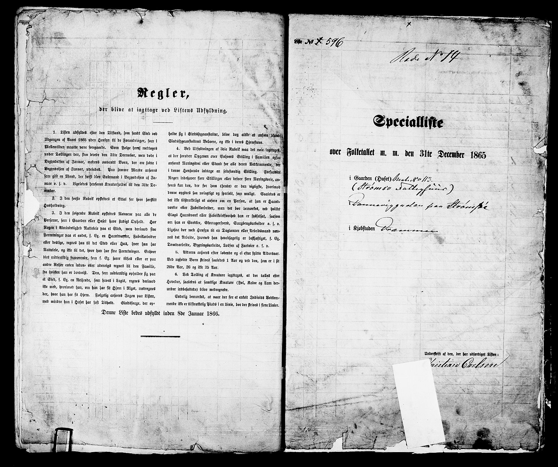 RA, 1865 census for Strømsø in Drammen, 1865, p. 1