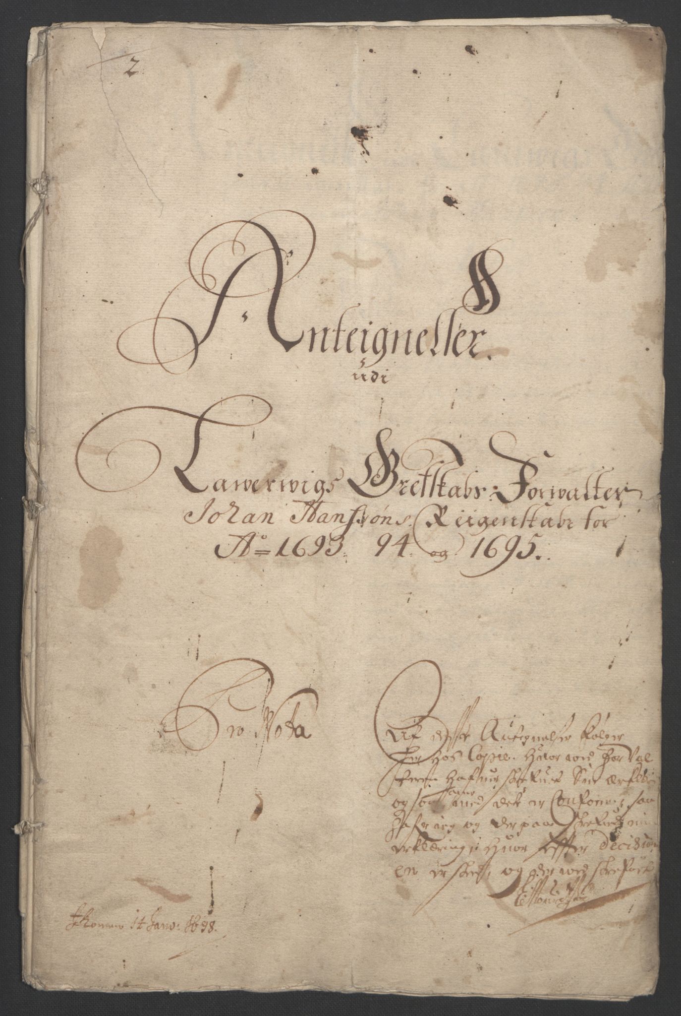 Rentekammeret inntil 1814, Reviderte regnskaper, Fogderegnskap, RA/EA-4092/R33/L1974: Fogderegnskap Larvik grevskap, 1693-1695, p. 301