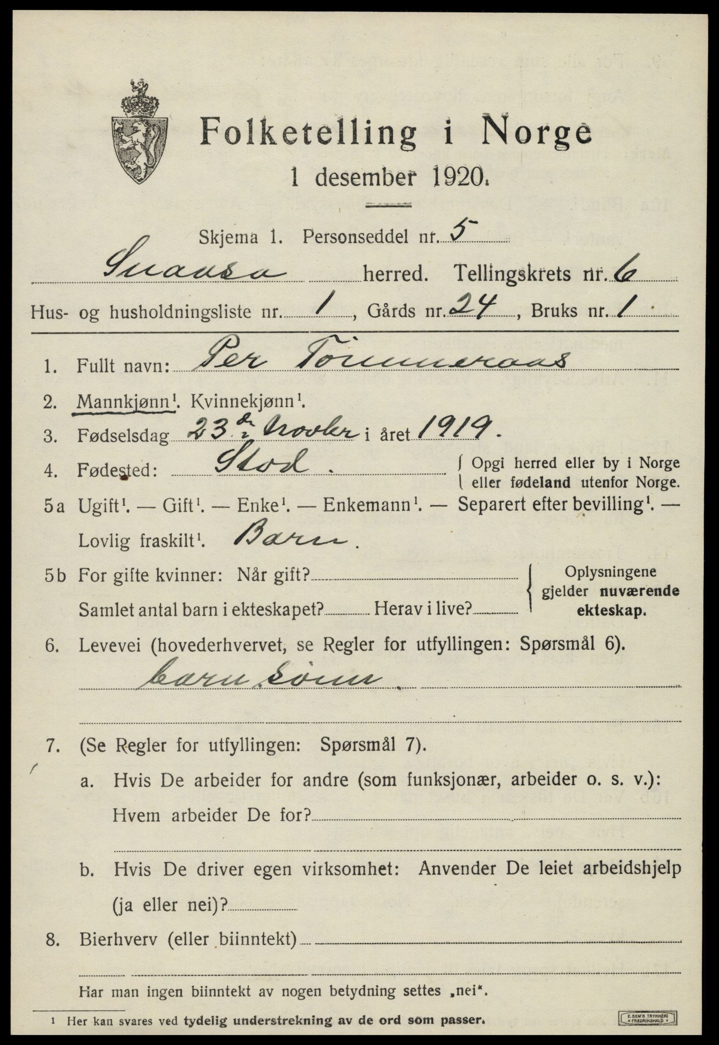 SAT, 1920 census for Snåsa, 1920, p. 2580