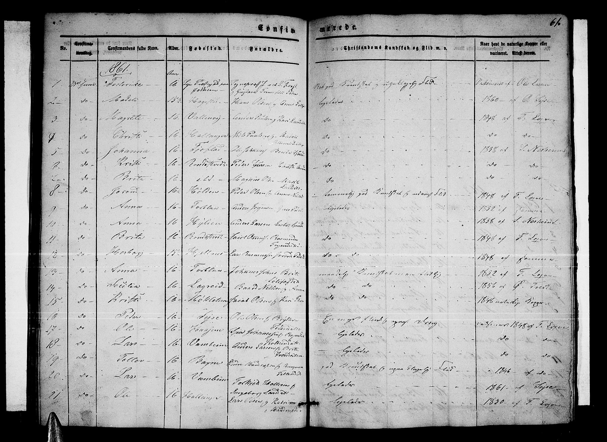 Ulvik sokneprestembete, AV/SAB-A-78801/H/Hab: Parish register (copy) no. A 1, 1855-1868, p. 61