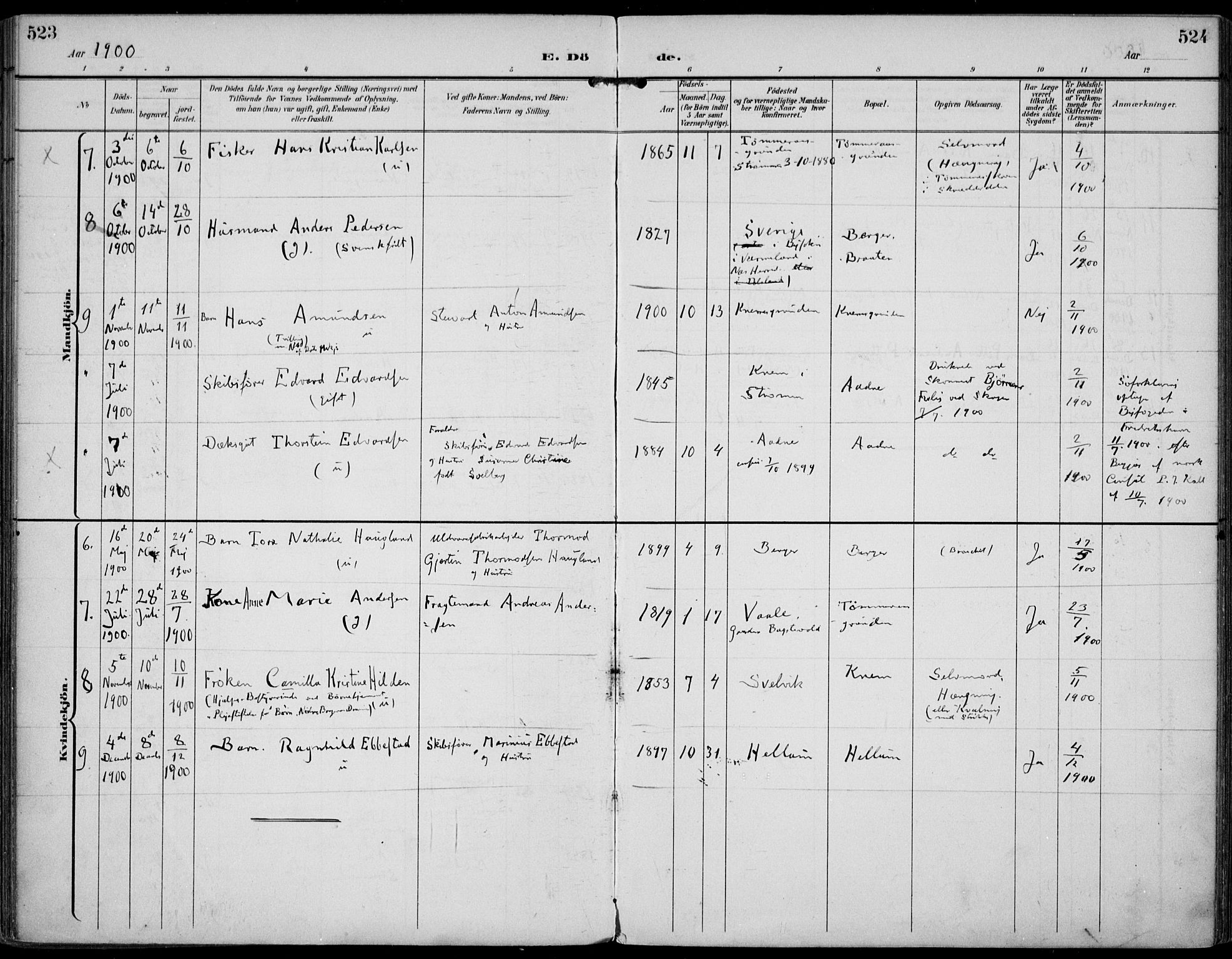 Strømm kirkebøker, AV/SAKO-A-322/F/Fa/L0005: Parish register (official) no. I 5, 1898-1919, p. 523-524