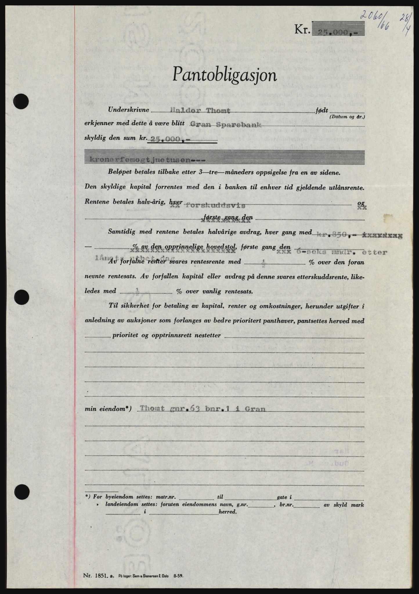 Hadeland og Land tingrett, AV/SAH-TING-010/H/Hb/Hbc/L0062: Mortgage book no. B62, 1966-1966, Diary no: : 2060/1966
