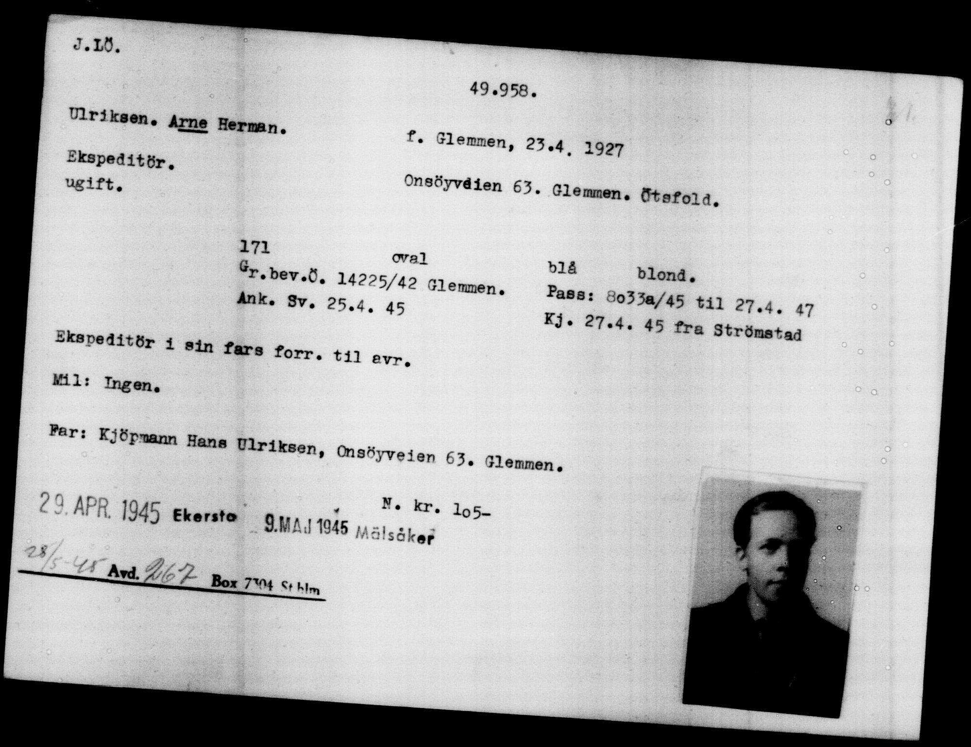 Utenriksstasjonene, Legasjonen i Stockholm, Flyktningkontoret, AV/RA-S-6753/V/Va/L0019: Kjesäterkartoteket, flyktninger med registreringsnr. 49600-55060, 1940-1945, p. 382