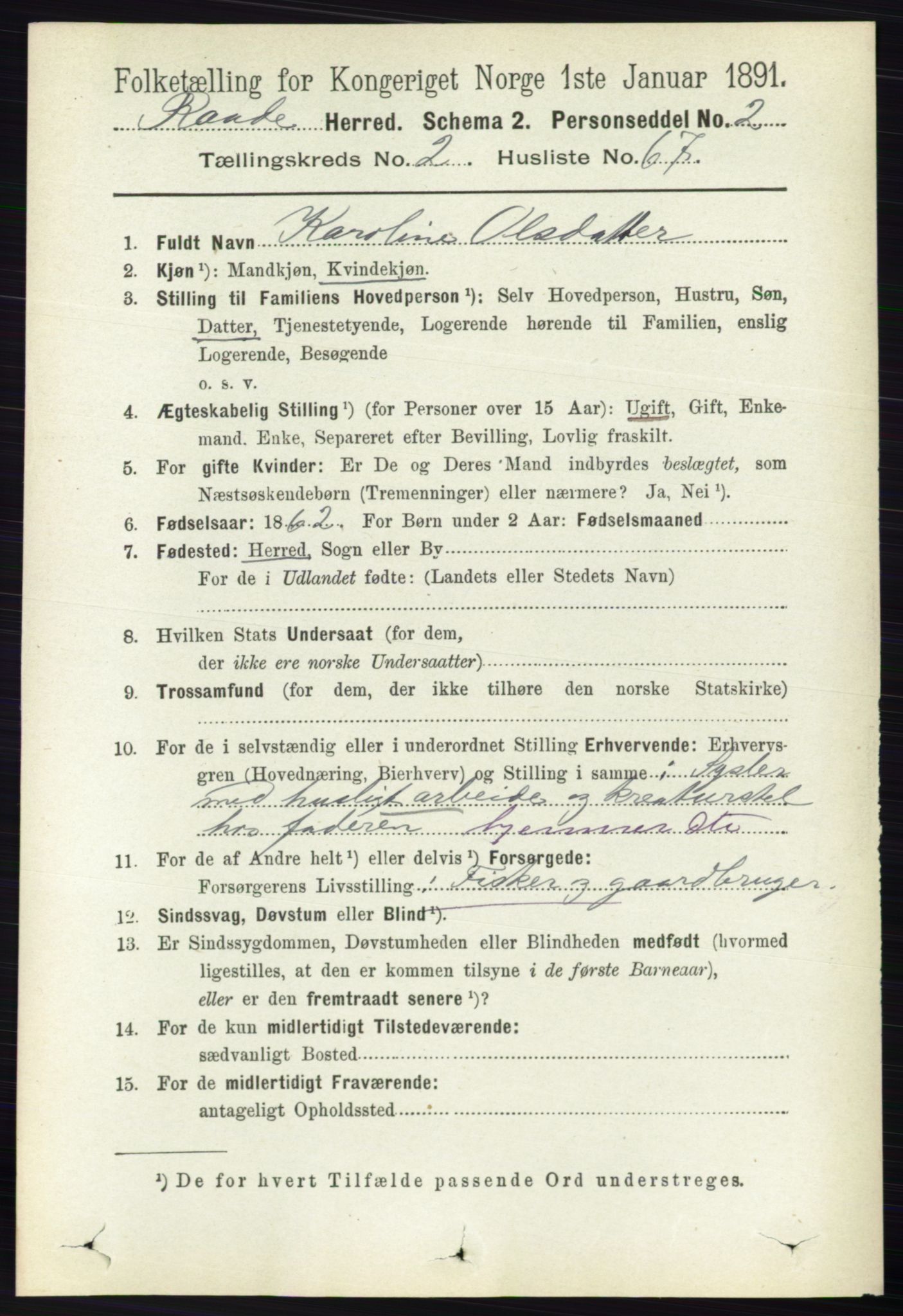 RA, 1891 census for 0135 Råde, 1891, p. 1018