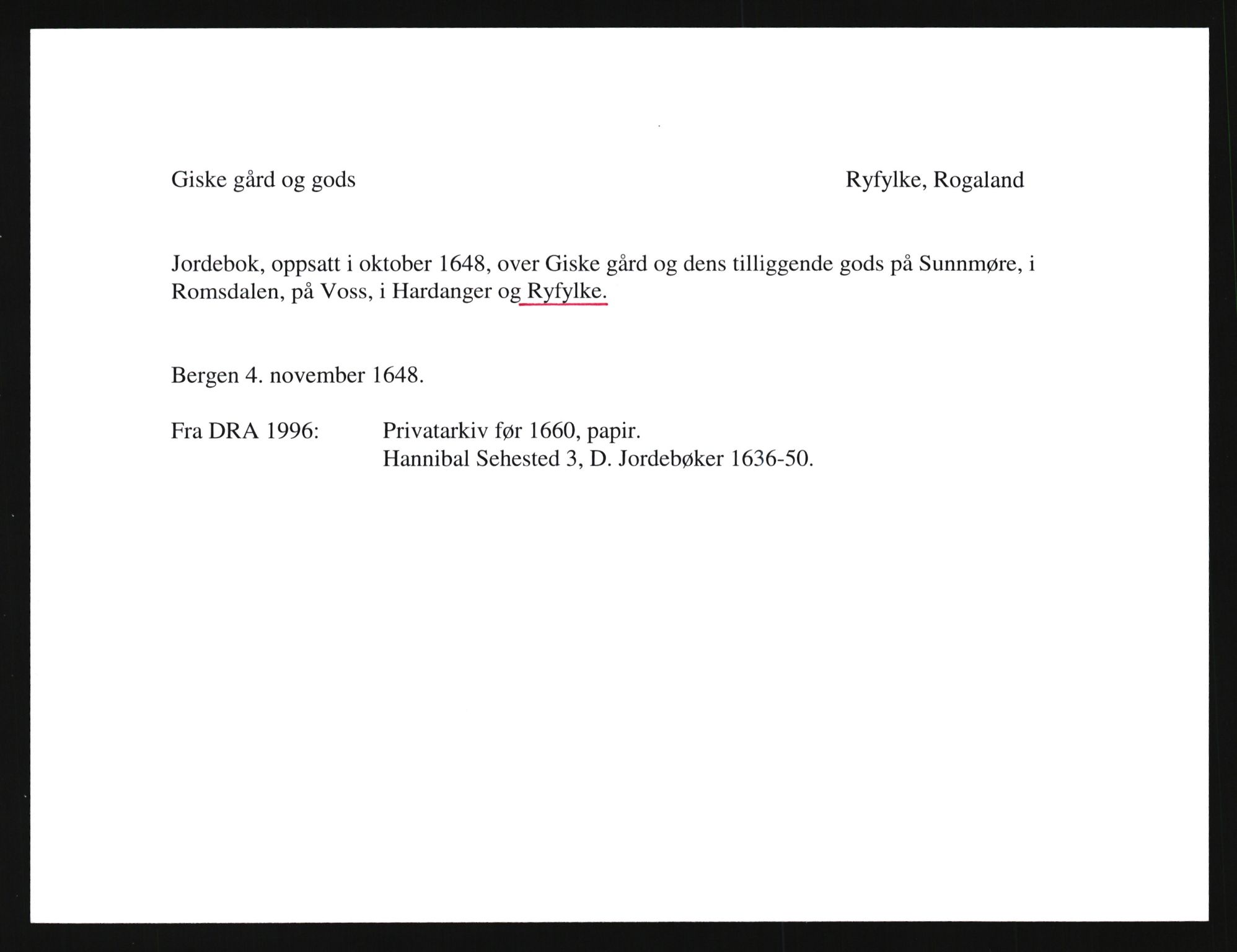 Riksarkivets diplomsamling, AV/RA-EA-5965/F35/F35e/L0027: Registreringssedler Rogaland, 1400-1700, p. 23